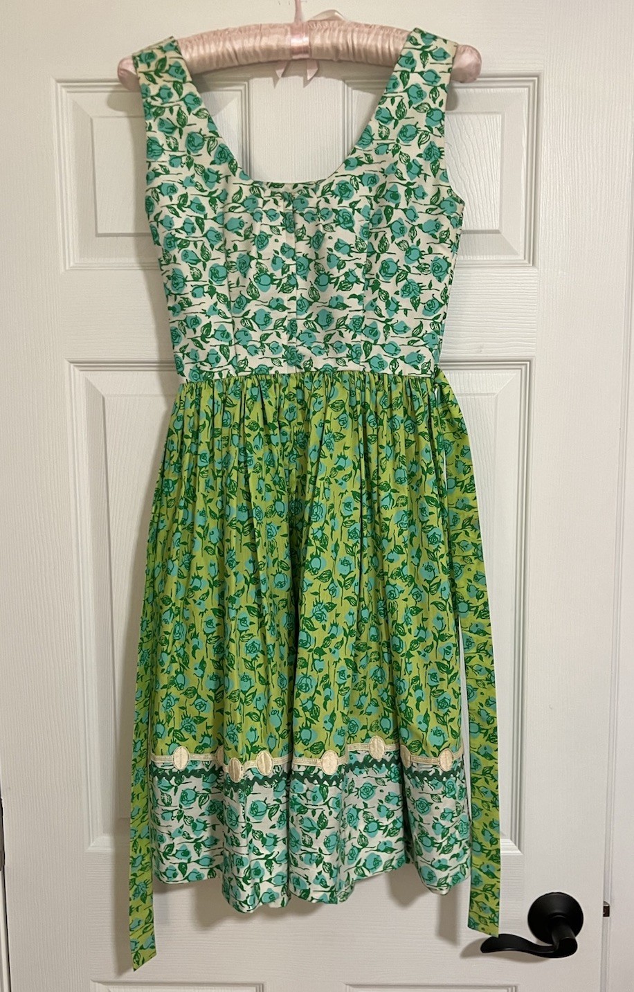 Vintage 1960s Lilly Pulitzer Dress Blue & Green Florals Rickrack Trim Tie Back