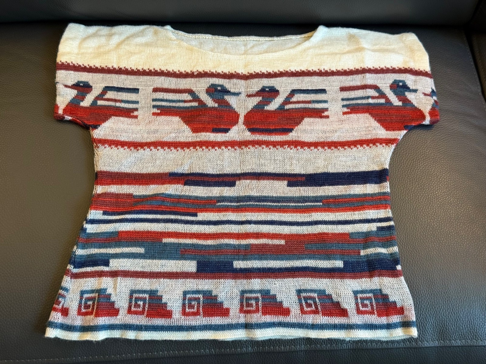 Mid Century Women’s Sweater – Peruvian Inspired Design – Red/Blue/White