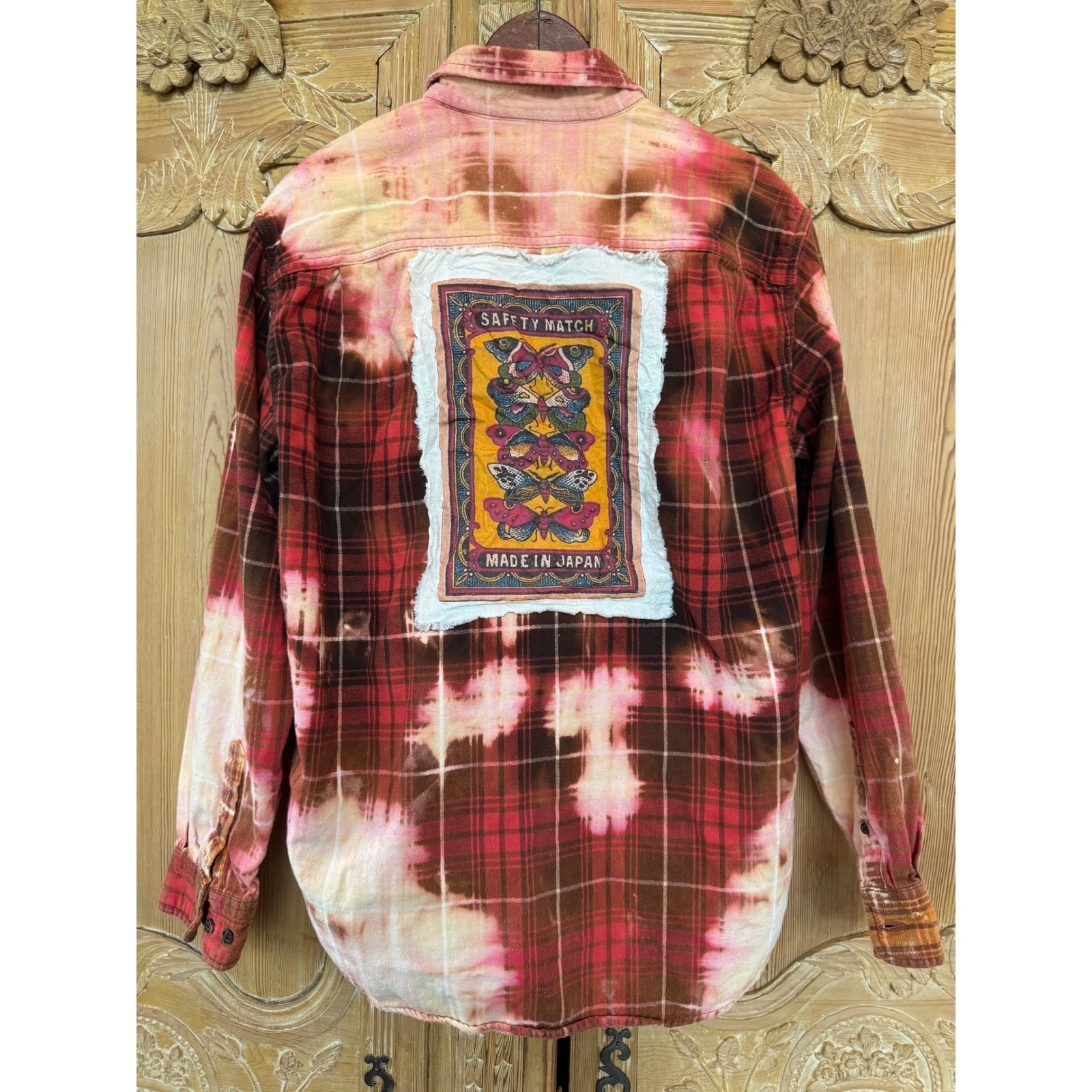 Vintage Butterfly Patch Bleached Flannel Shirt Upcycled Cotton Size Large