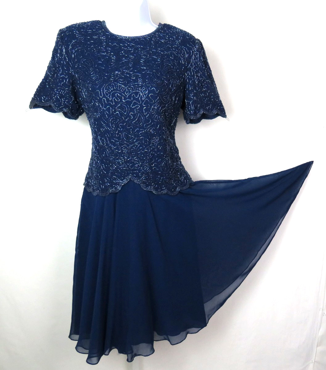 VTG 1980s BRILLIANTE BY JA BLUE BEADED DRESS SIZE PM POLY CHIFFON