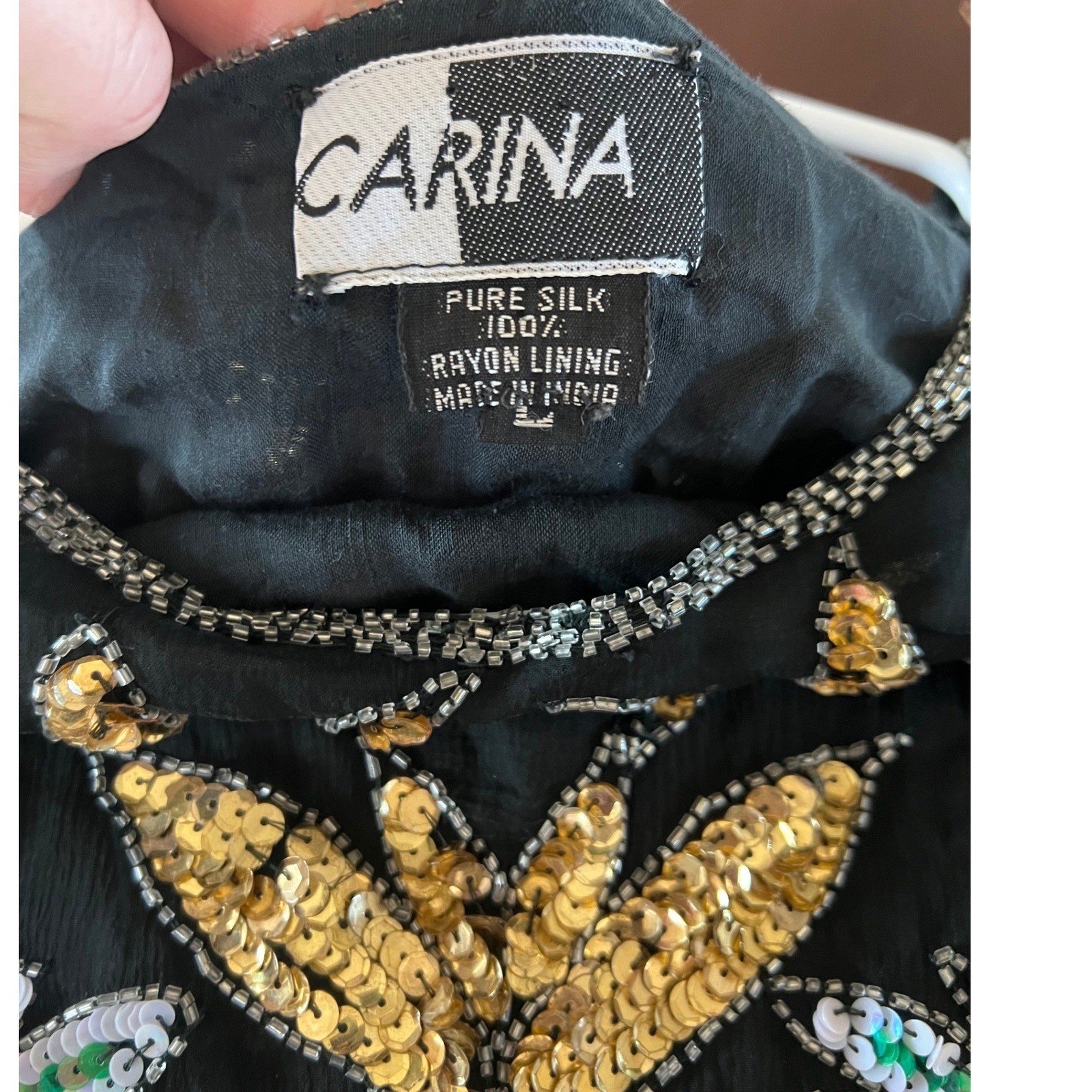 Carina Vintage Pure Silk Beaded Sequin Top Black Gold Silver Flapper Gatsby L