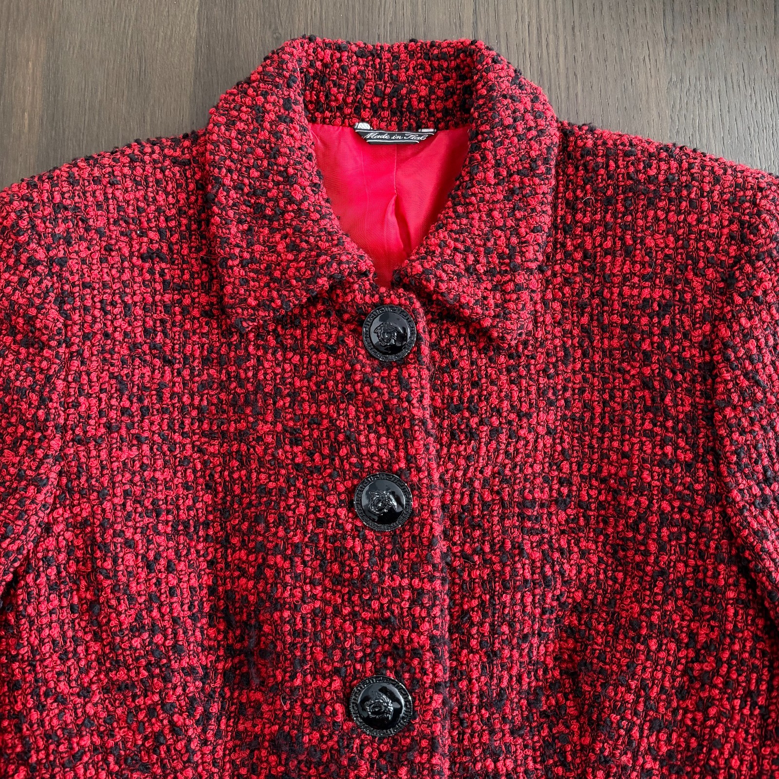 GIANNI VERSACE red wool boucle skirt suit size 42 from F/W 1995/96