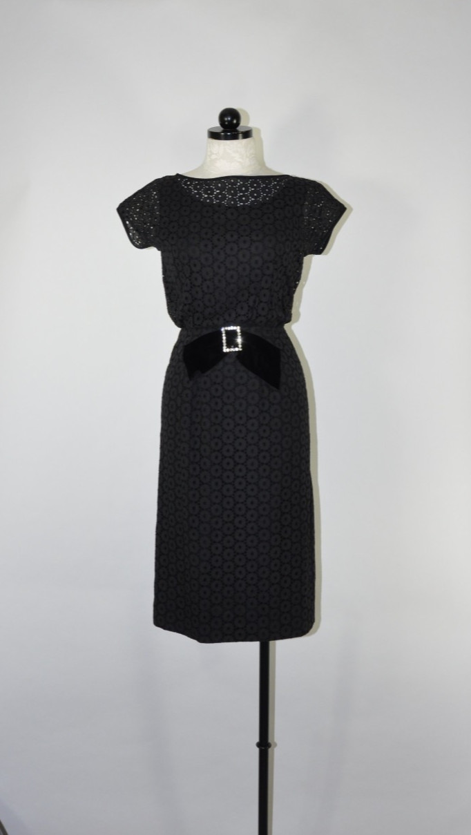 50s Vintage Black Cotton Lace Eyelet Velvet Rhinestone Wiggle Cocktail Dress S