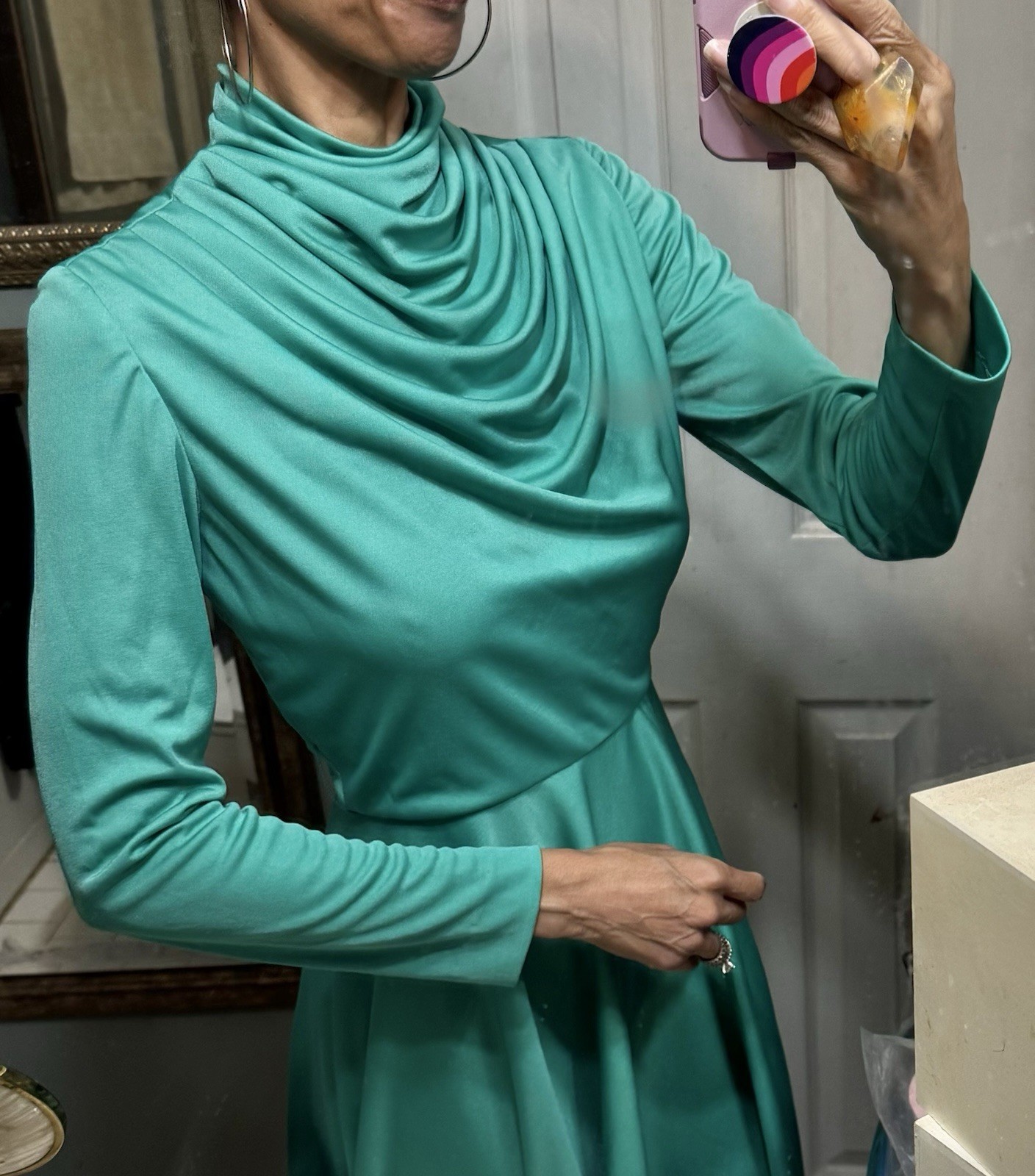 Vtg Lilli Diamond Green Cowl Grecian Draped Jersey Dress 60s Goddess LS XS S
