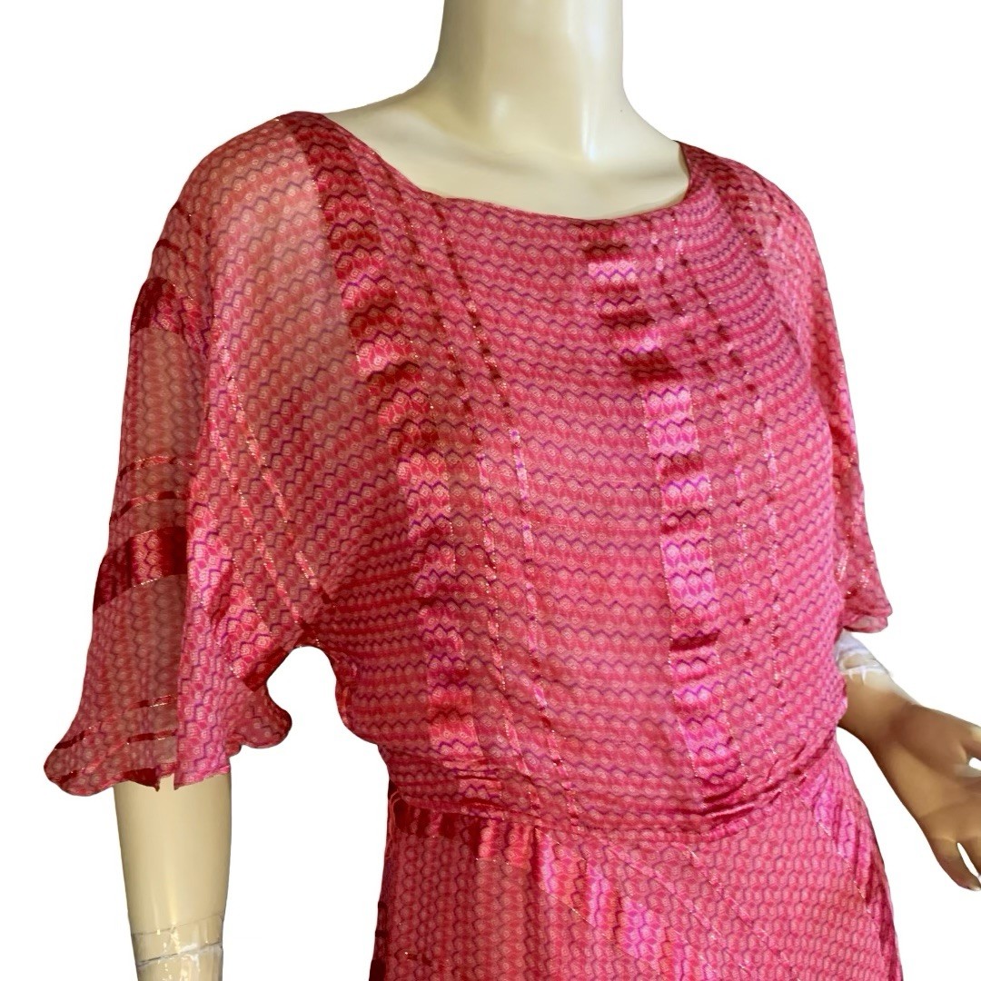 WOMEN’S VINTAGE 1970’S RED, PURPLE & GOLD SILK FARM SILK DRESS SZ S
