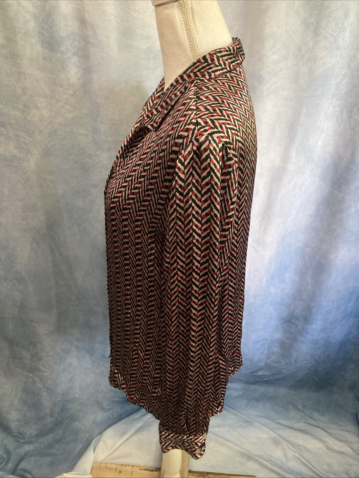 Vtg 80s 90s Gianni Rayon Satin Blouse Geometric Chevron Pads Shawl Collar 14 M