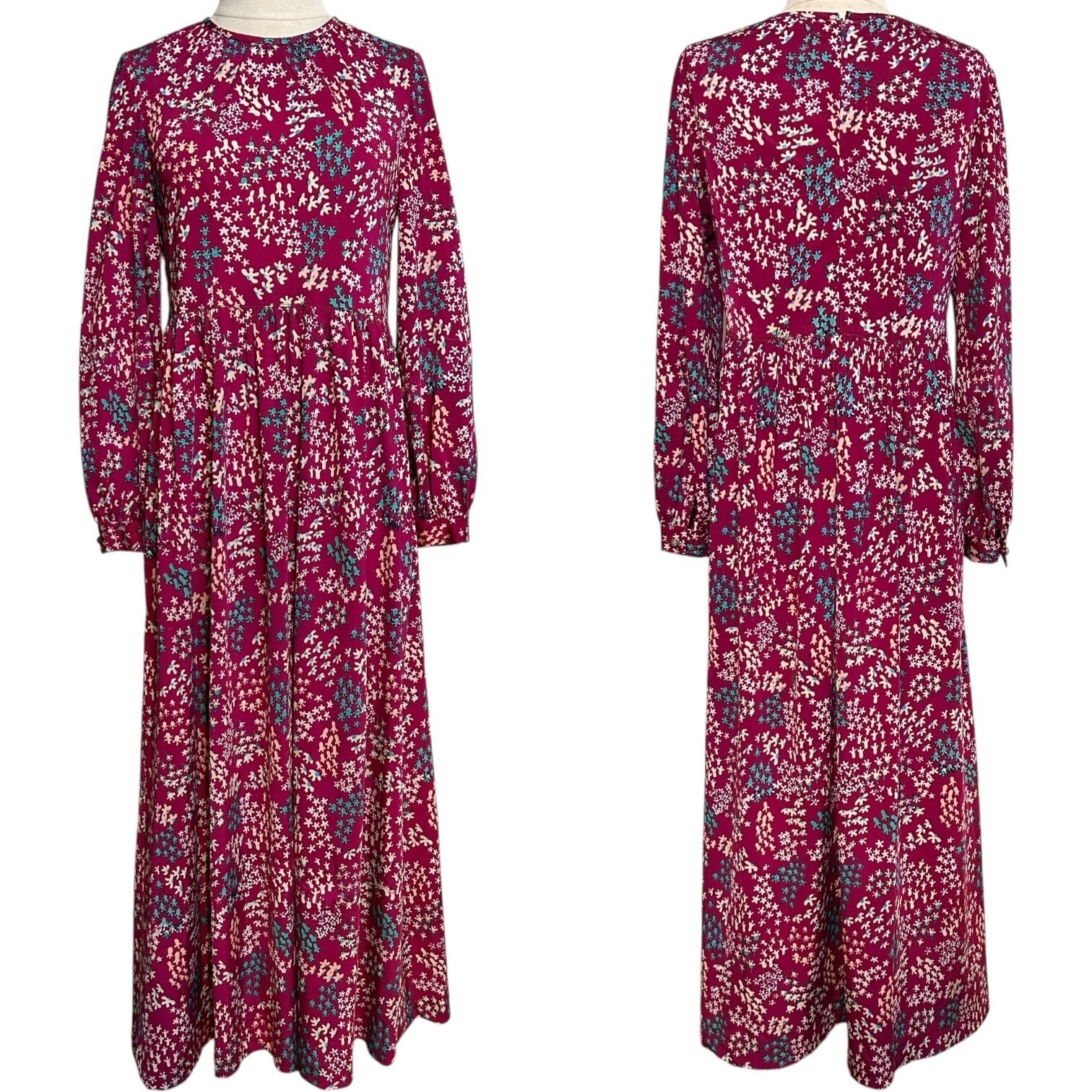 70s vintage floral hippy dress maxi puff balloon sleeve abstract retro pattern.