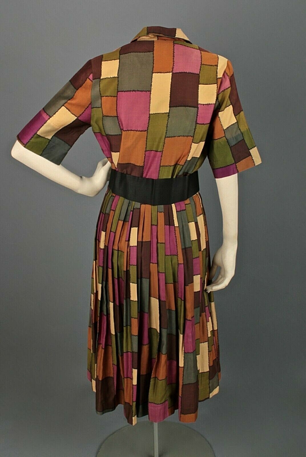 VTG Women’s 50s 60s Patchwork Print Shirtwaist Dress Sz XS 1950s 1960s