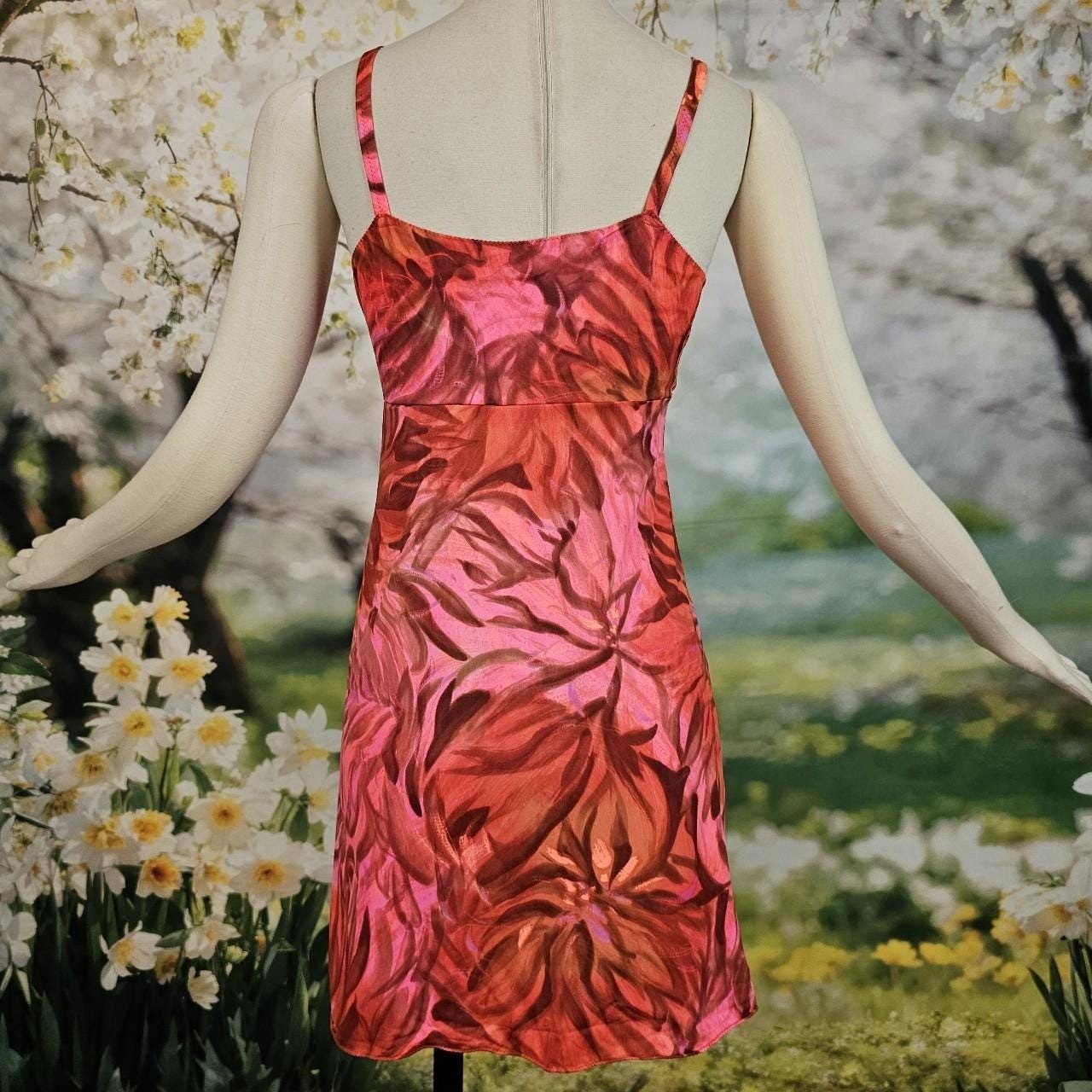 Vintage Rare 1970s Mini Slip Dress Bright Pink Floral Print Gaymode Party Dress