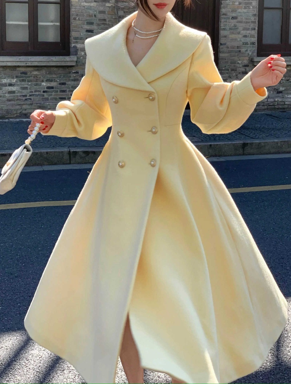 Ladies Yellow Coat Tweed Jacket Double Breasted Wide Hem Shawl Collar