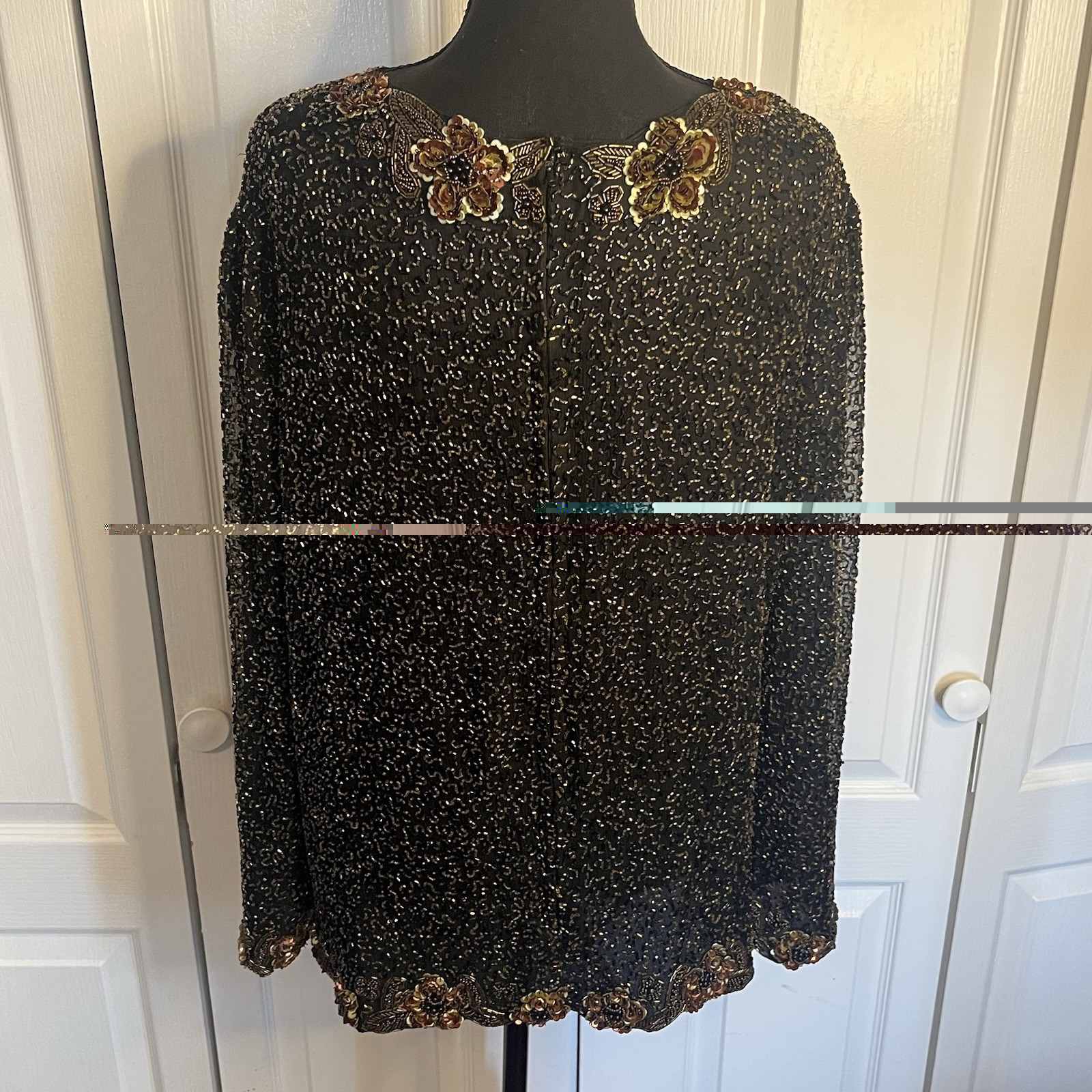 Vintage Candlelight by Jainsons Black 100% Silk Beaded Sequin Top L 1980s Glam