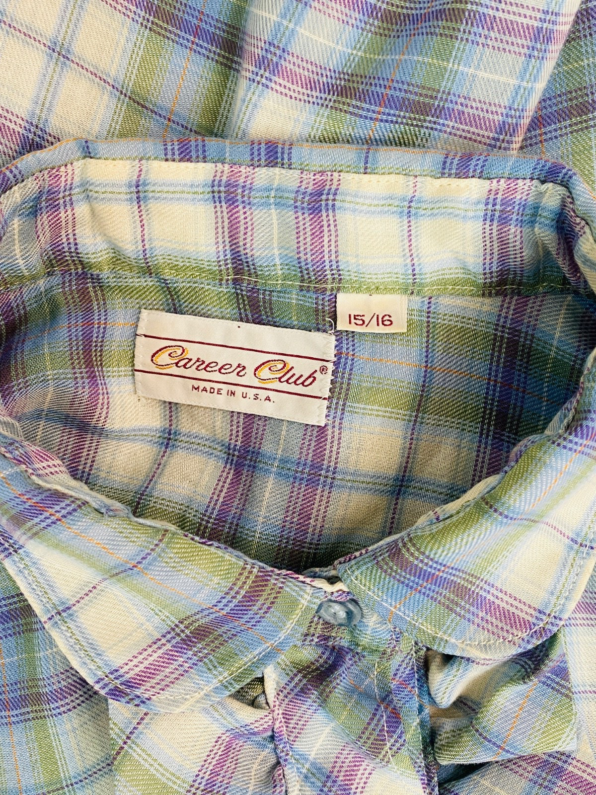 Vintage 1970s purple plaid blouse L ruffle long sleeve white green Victorian