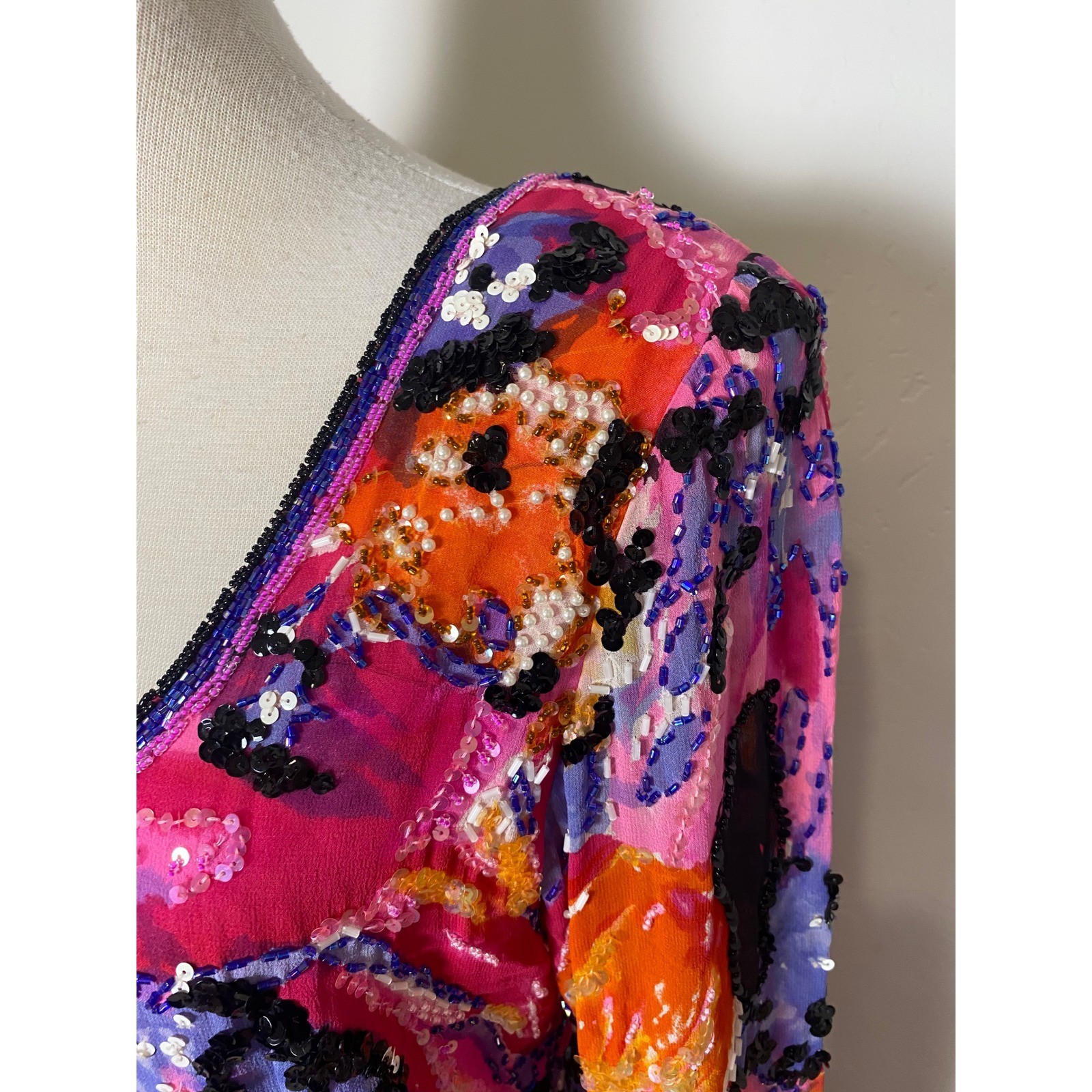 Vintage Miss Jackson Silk Beaded Sequin Dress Pink Abstract Floral Deep Back 8