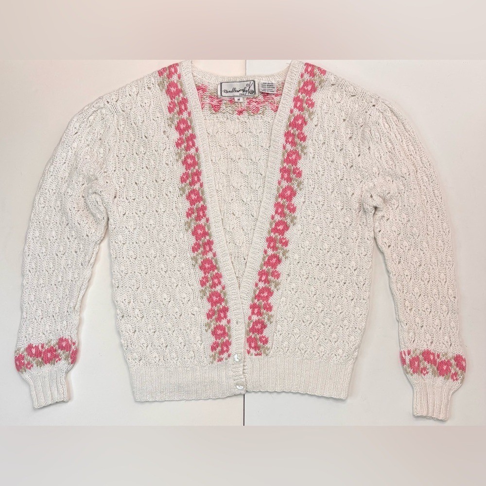 Vintage Cottage-core 80’s White Pink Floral Hand Knit Granny Cardigan Sweater