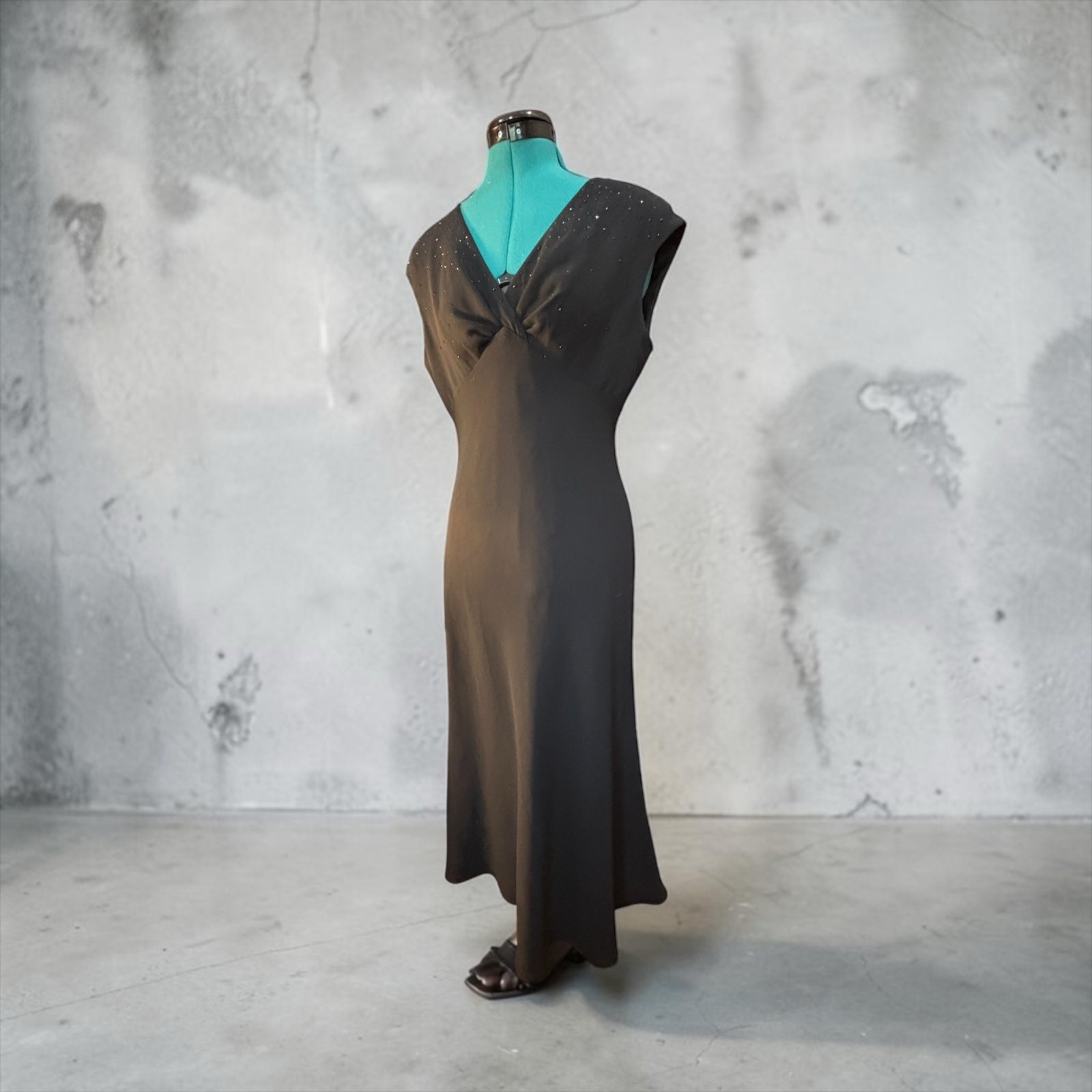 90s Black Rhinestone Column Maxi Dress Minimalist Glam Goth Size 6