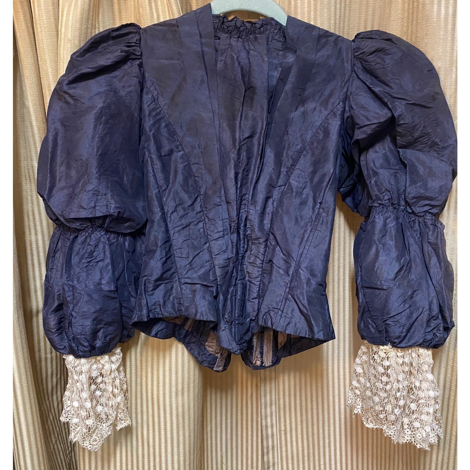 Antique BLACK SILK SATIN BODICE W HANDMADE LACE Sleeve Cuffs Victorian Mourning
