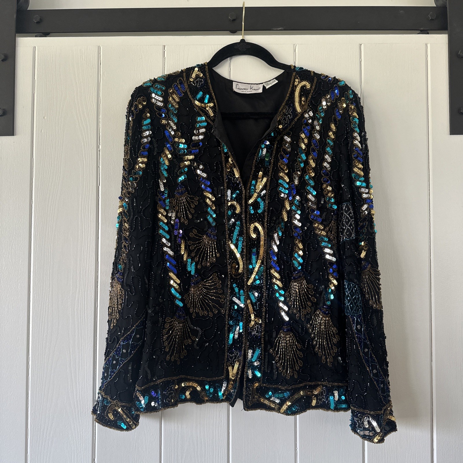 LAURENCE KAZAR Jacket 💯 Silk Lined Beaded Sequins Black Gold Large Clean