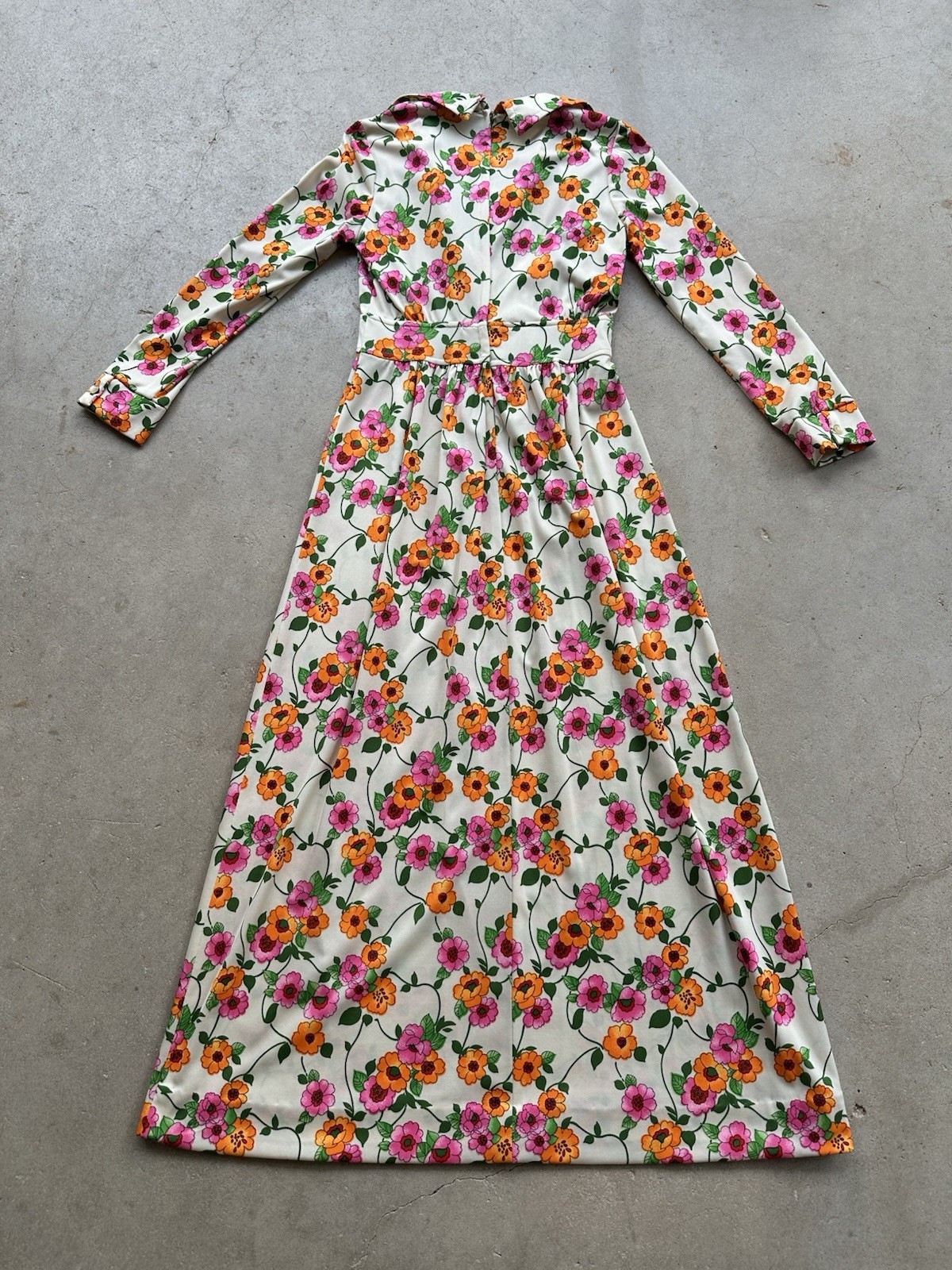 1970s Floral Maxi Dress Wide Collar Scovill Zip Mod Boho Hostess Novelty VTG S M