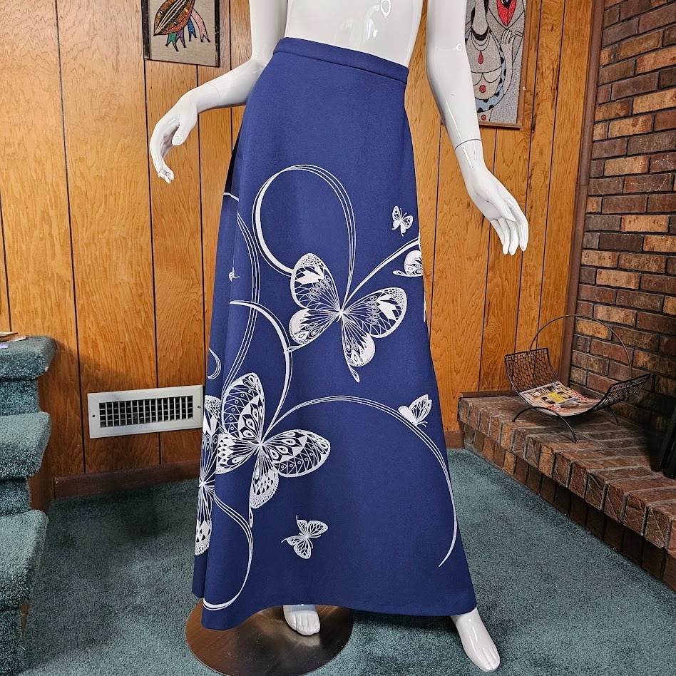 Vintage 70s Alfred Shaheen Hawaiian Butterfly Ribbon Graphic Maxi Patio Skirt M
