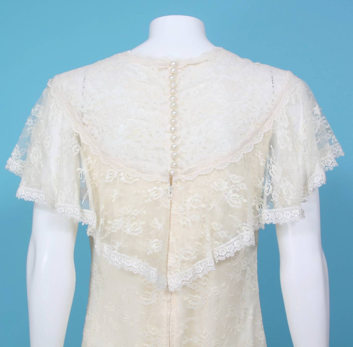 Vtg 1970s does 30s Lace Drop Waist Goddess Wedding Dress Flutter Sleeve 3/4 /610