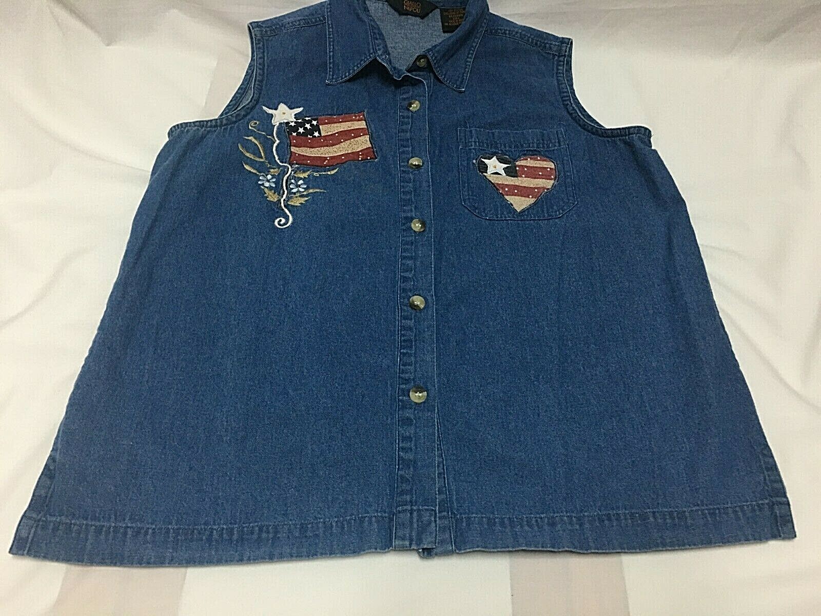 WOMEN’S DENIM PATRIOTIC BLOUSE SLEEVELESS FOLK USA FLAG 90S GIALLO NAPOLI SZ L