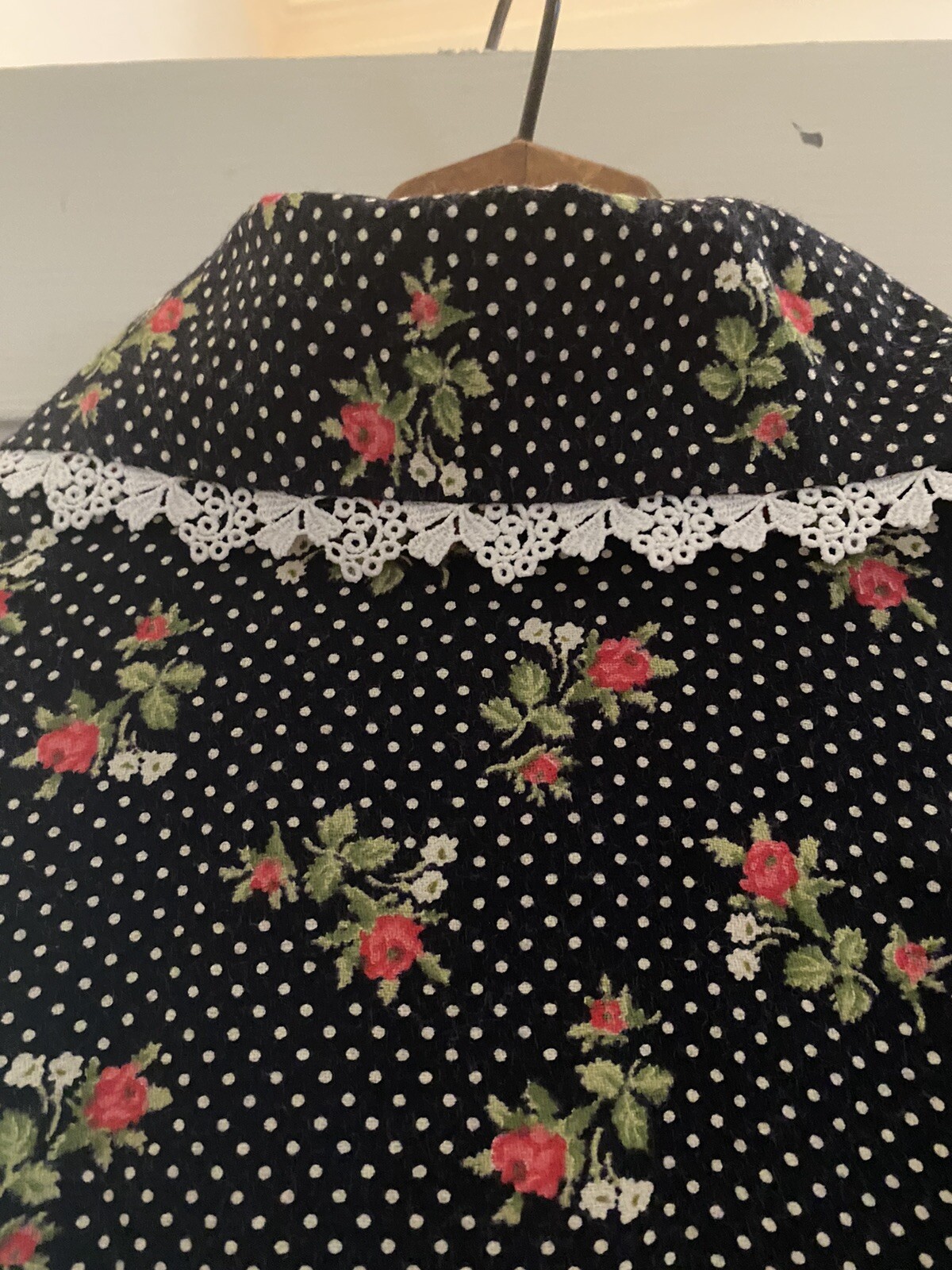 Vtg 70’s Liberty of London Black Polka Dot Rose Blouse W/ Agate Buttons