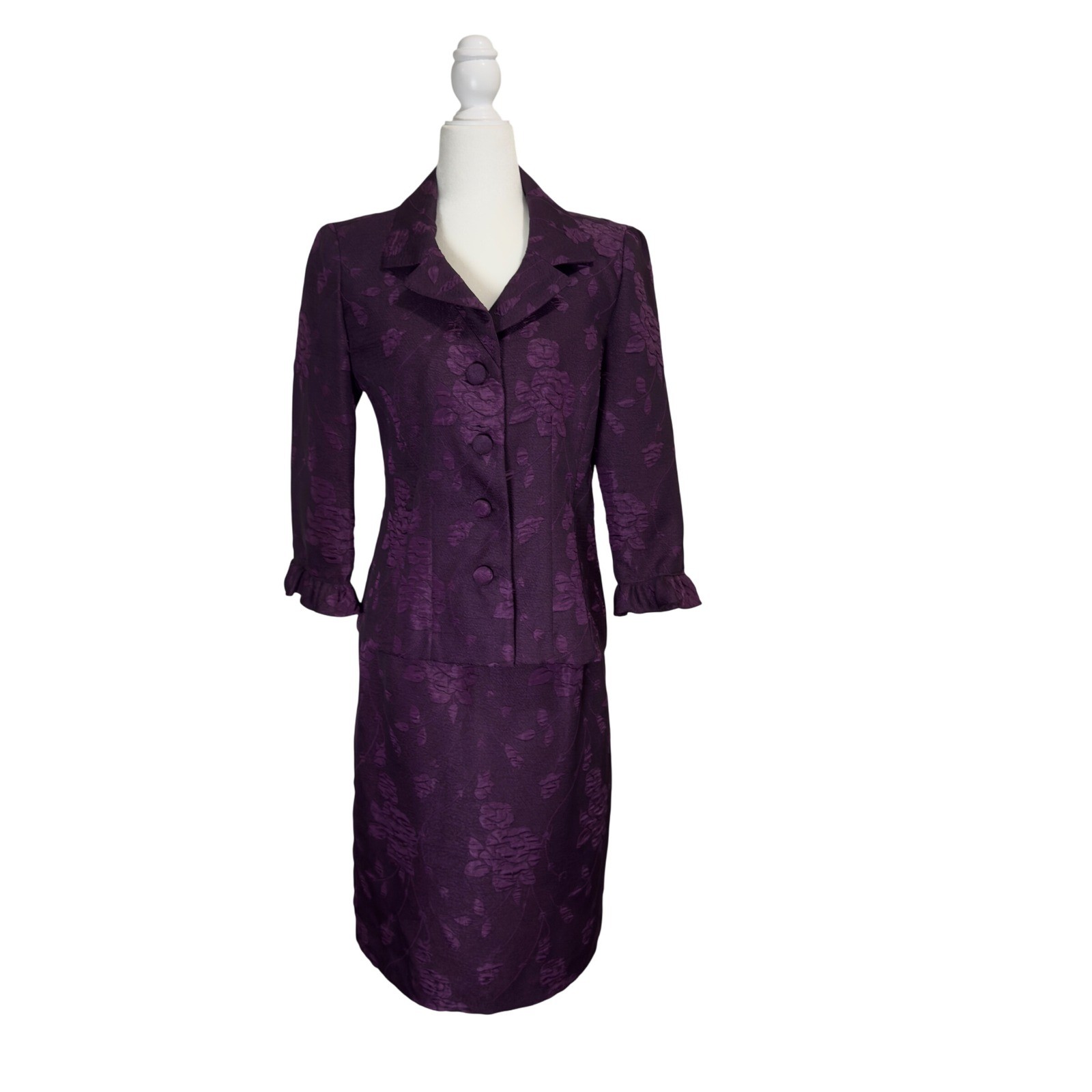 Vintage Jessica Howard Purple Floral Jacquard Skirt Suit Set Size 6 Made in USA