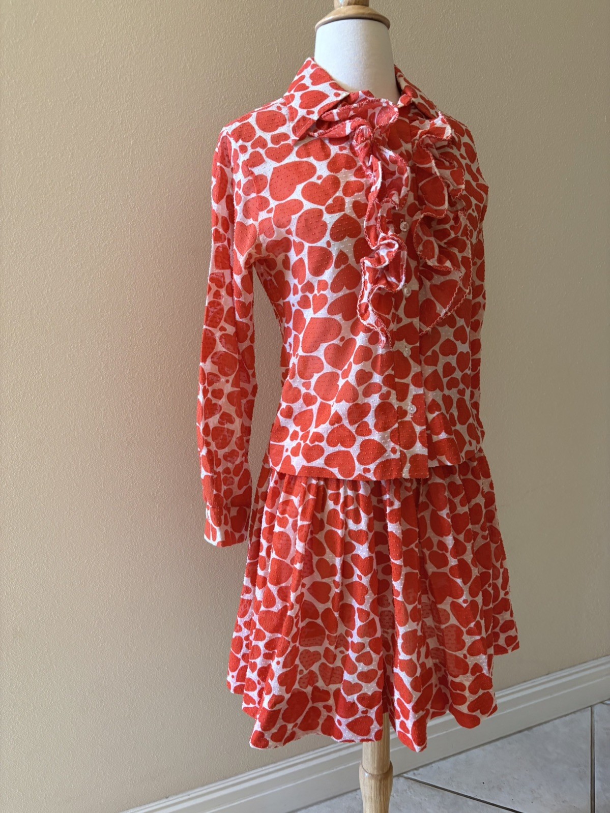 Vintage 60s 70s Ruffle Red Heart Long Sleeve Shirt Mini Skirt Dot Set small