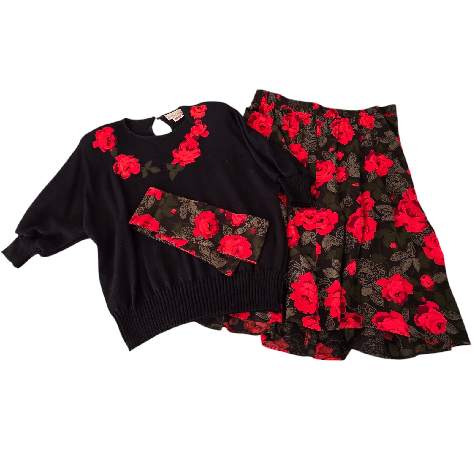 Vintage Anthony Sicari 3pc 80’s Red Roses Sweater Top w/ Skirt & Scarf Size 22
