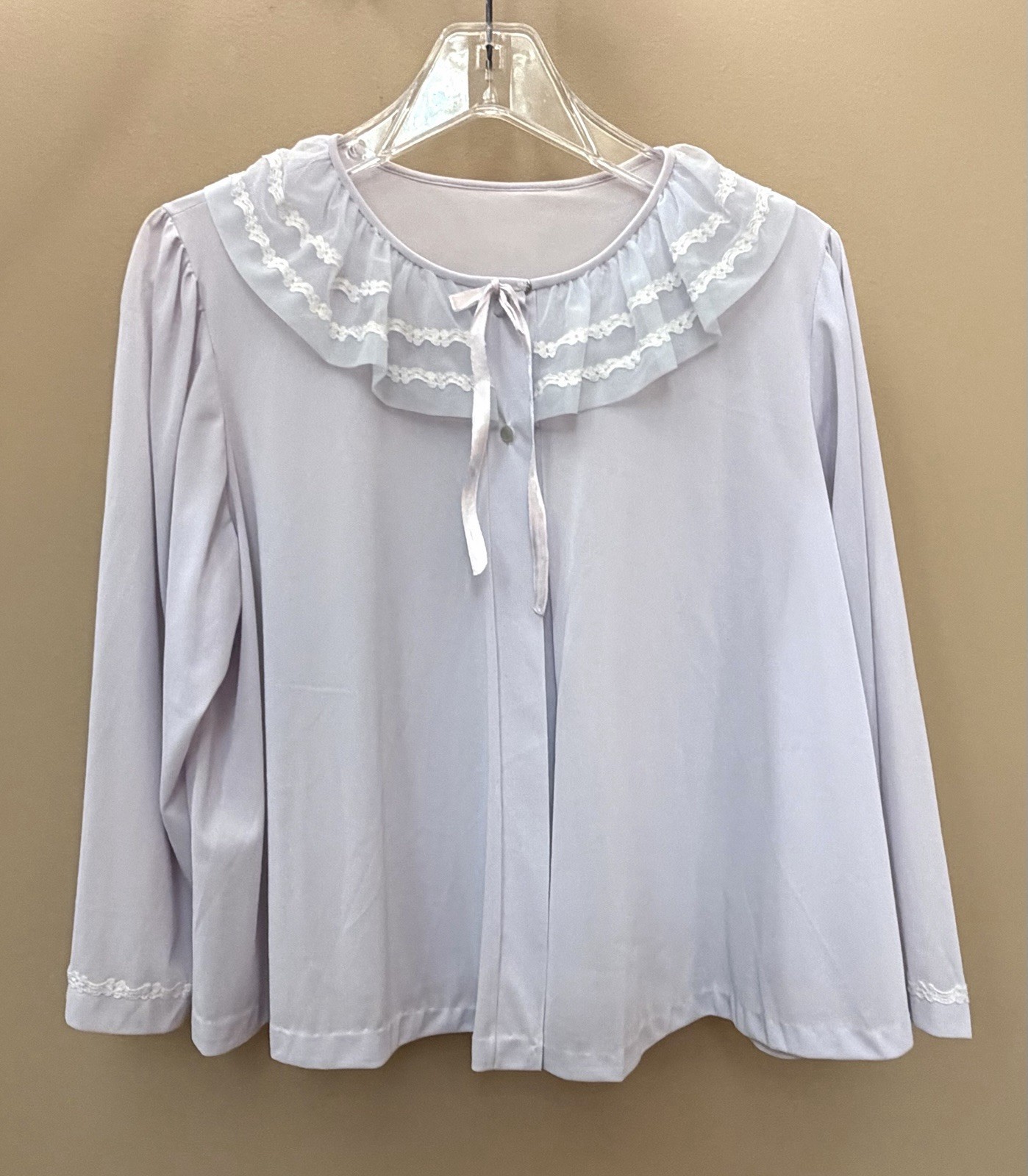 VTG 1950s MISS ELAINE Pale Lavender-Blue Pajama Top-BED JACKET PJ Sheer Lace M/L