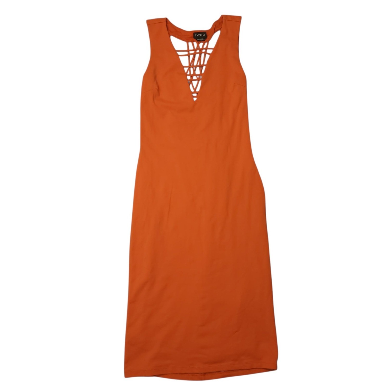 Vintage Bebe Orange Bodycon Midi Dress M Peekaboo Lattice Cage Back Strappy EUC