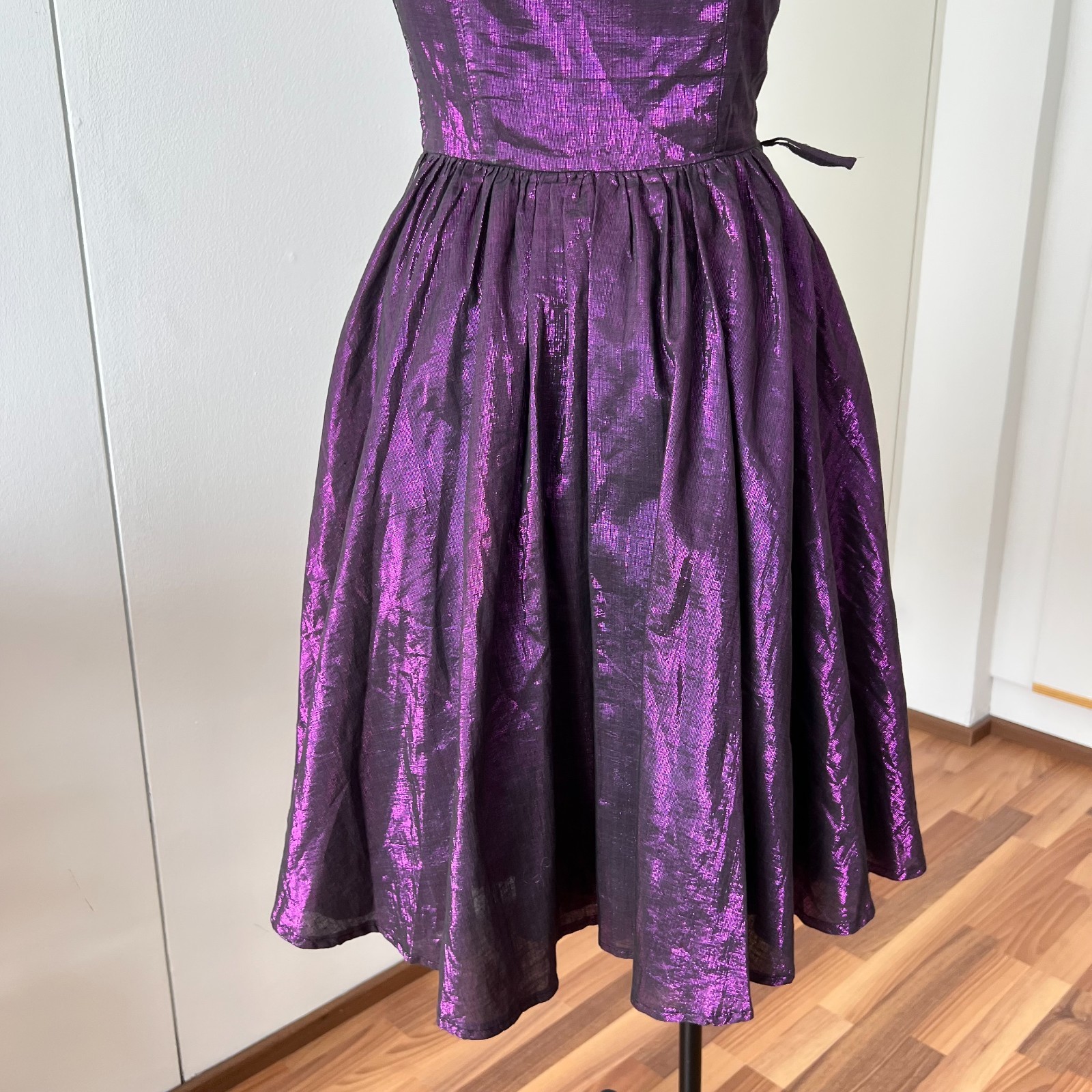 1980s Purple Off Shoulder Cocktail Party Dress Cotton Blend Aline Midi Retro 36