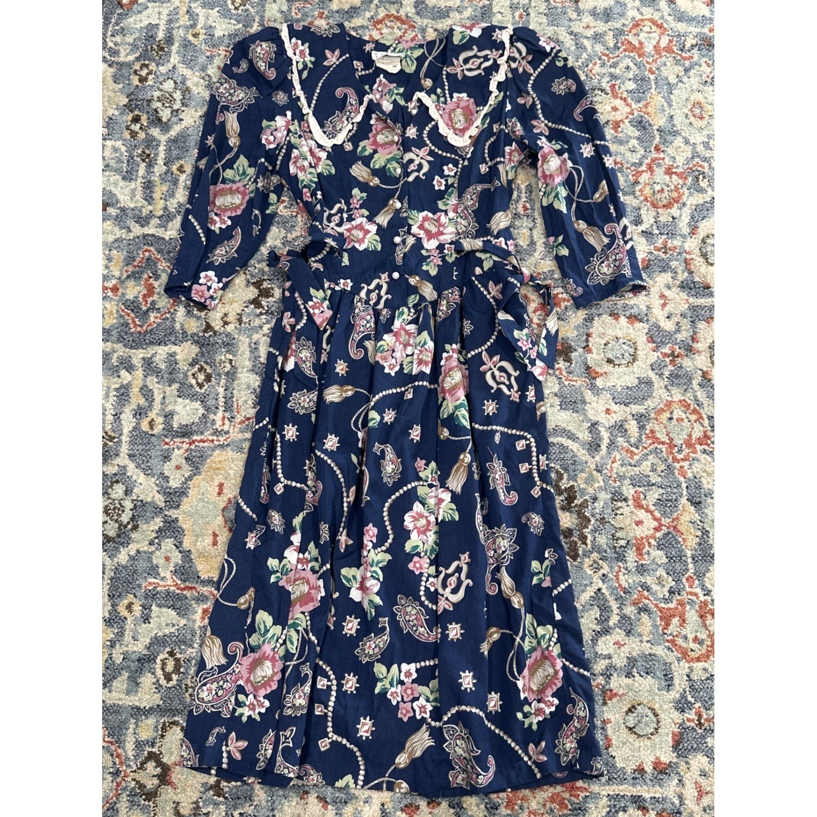 Vintage Floral Midi Dress Women Size 5 Navy Blue Lace Collar Shoulder Pads 80s