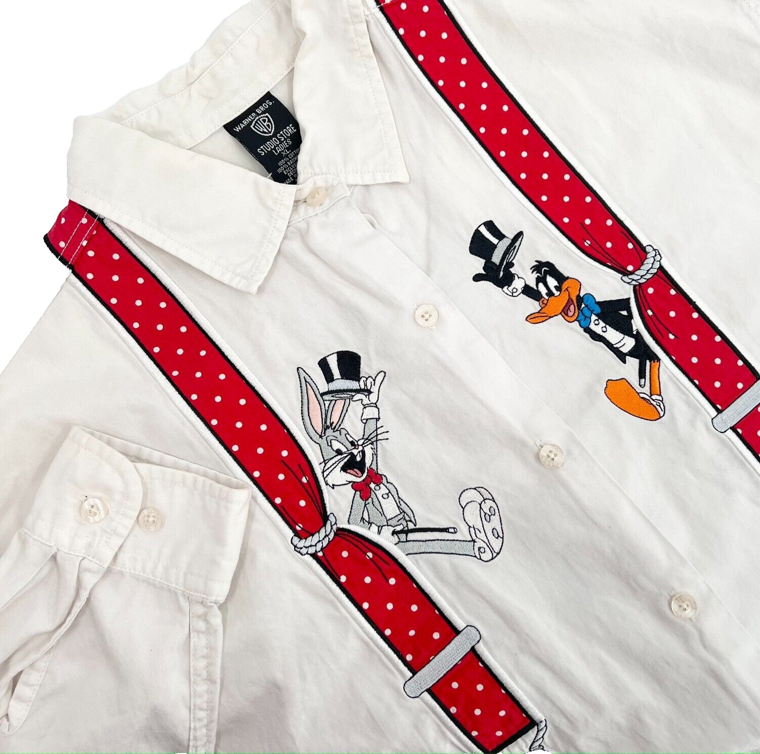 WARNER BROS Women’s XL VTG 1997 White Applique Suspender Embroidered Characters