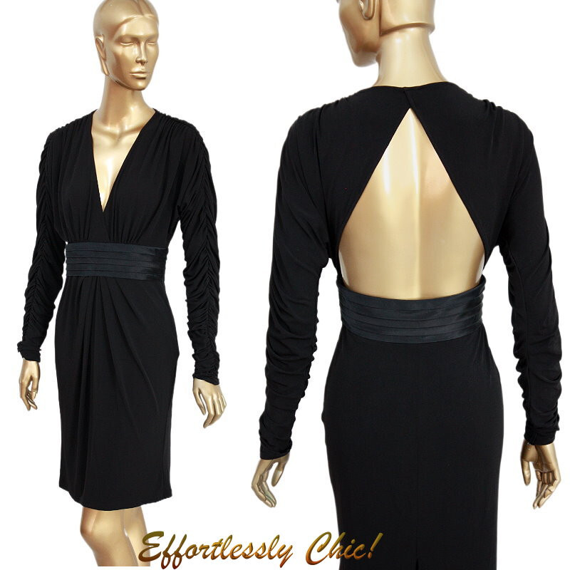 Vtg Sexy Bodycon CUTOUT Silky Black Tuxedo Ruched knit dress by Sue Wong 6 S