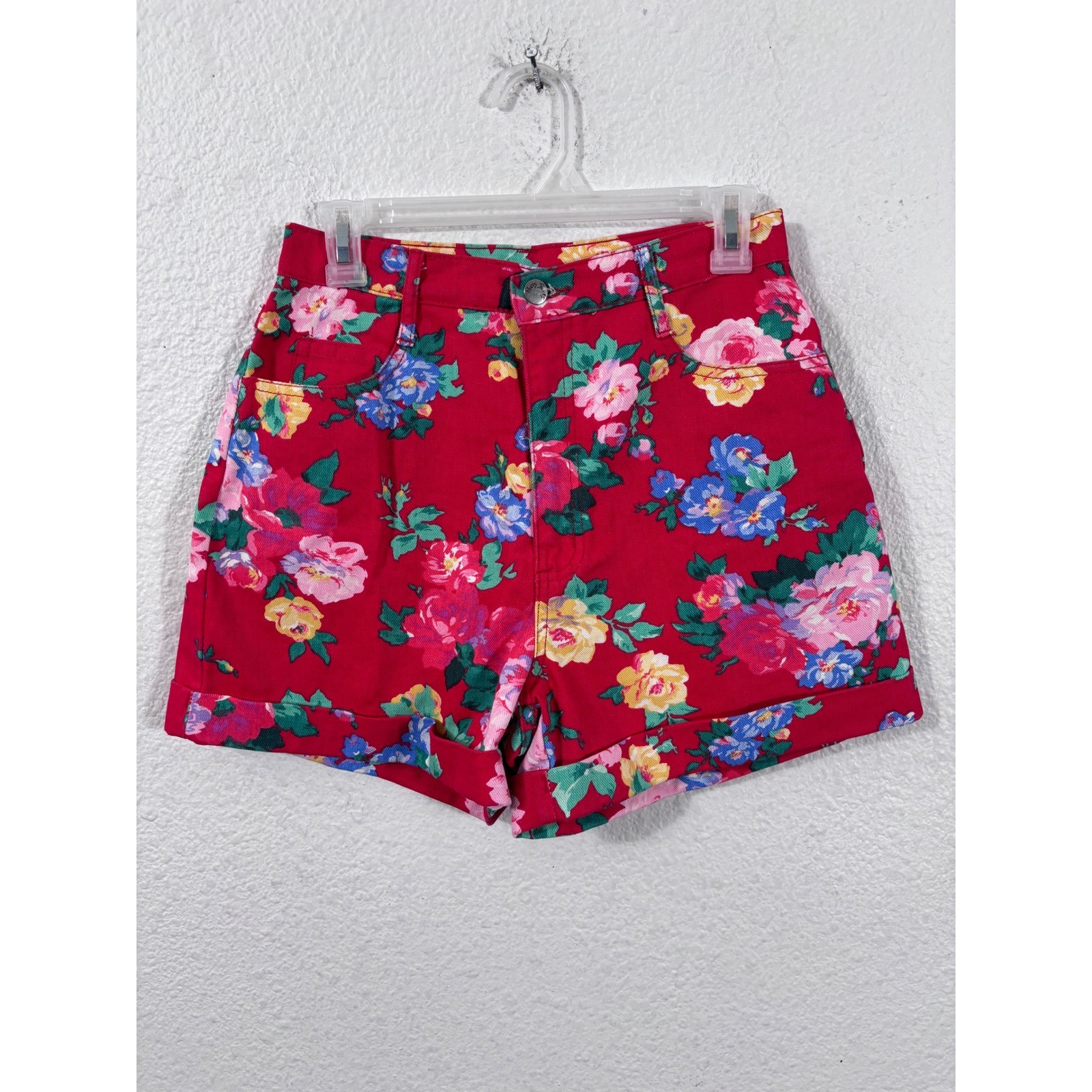 Paris Blues Shorts Women Small Red Vintage Floral High Rise Denim Mini Wide Leg