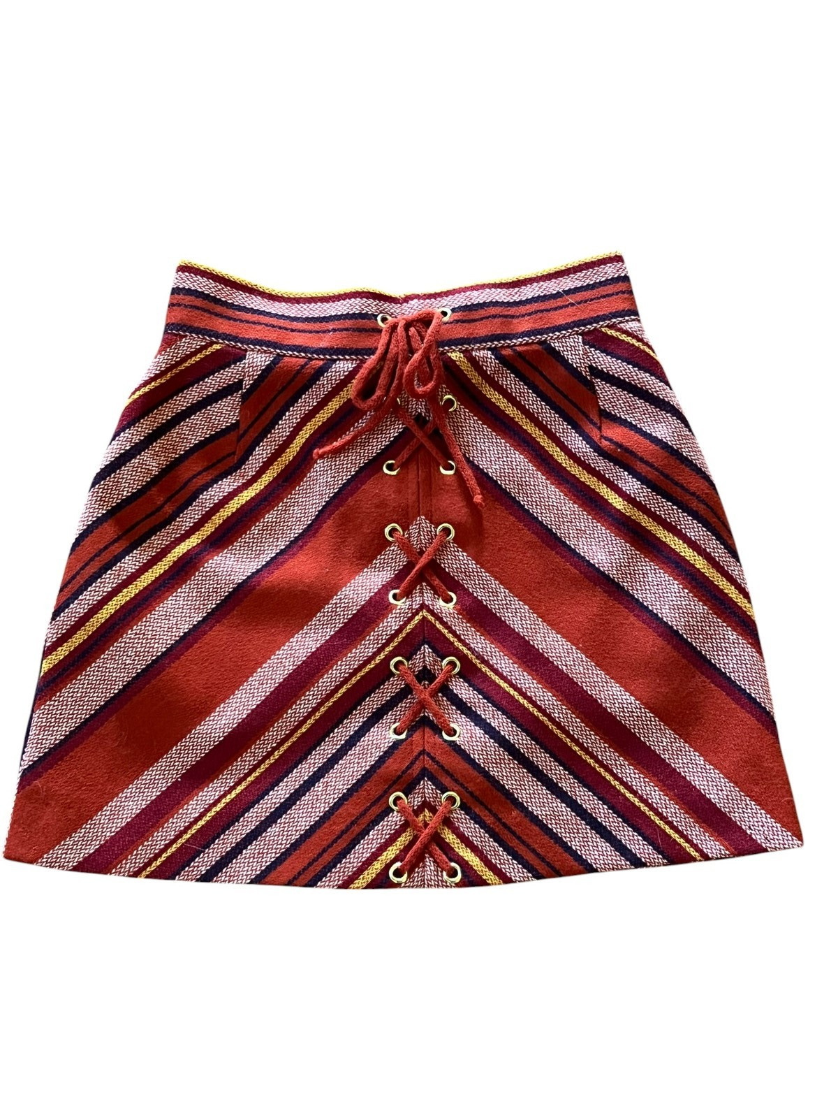 Vtg 60s S MINI Skirt Lace Up Chevron Diagonal Stripe Bonded Wool Bobbie Brooks 9