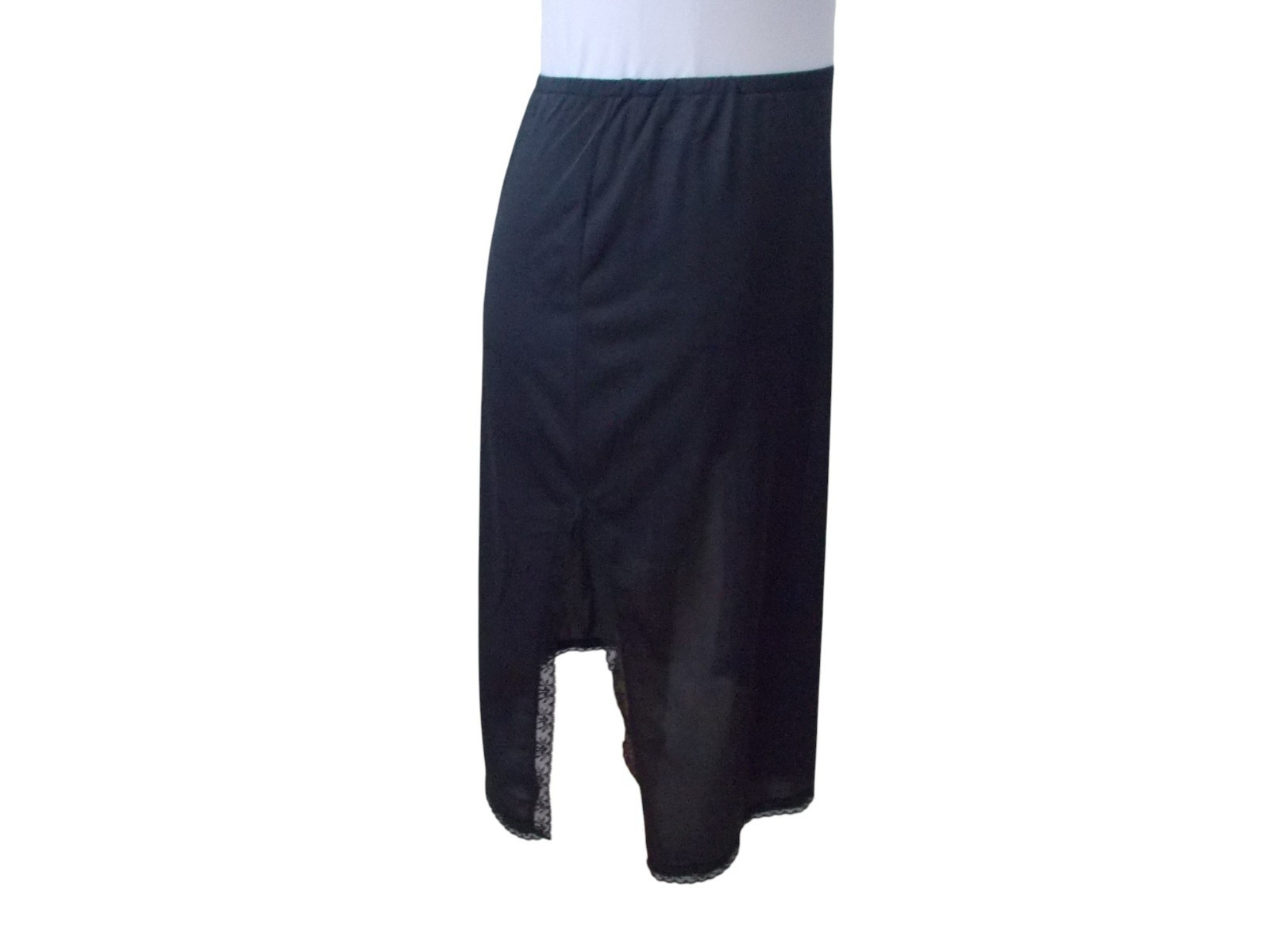 VTG KAYSER Black 100% Antron Nylon Lace Trim Side Slit Half Slip MADE IN USA S