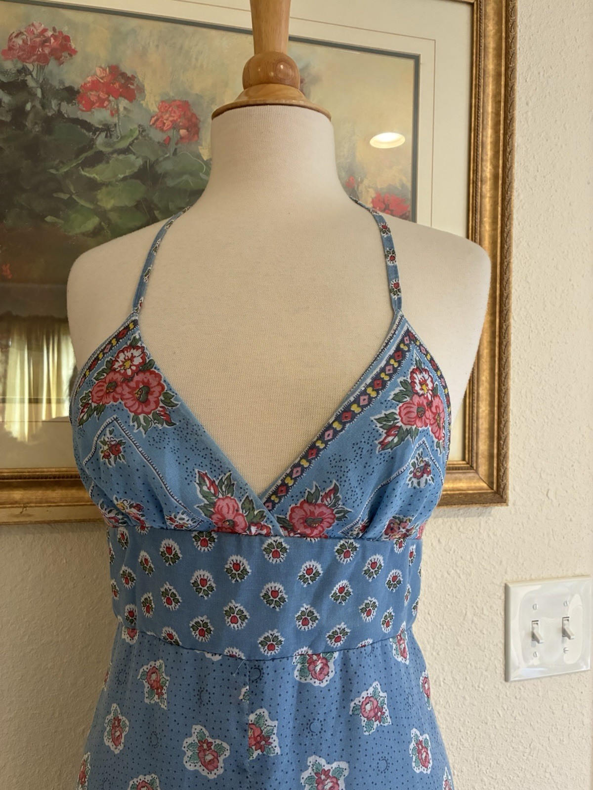 Vtg 70s Young Edwardian Blue With Tiny Pink Flowers Print Halter Top Maxi Dress
