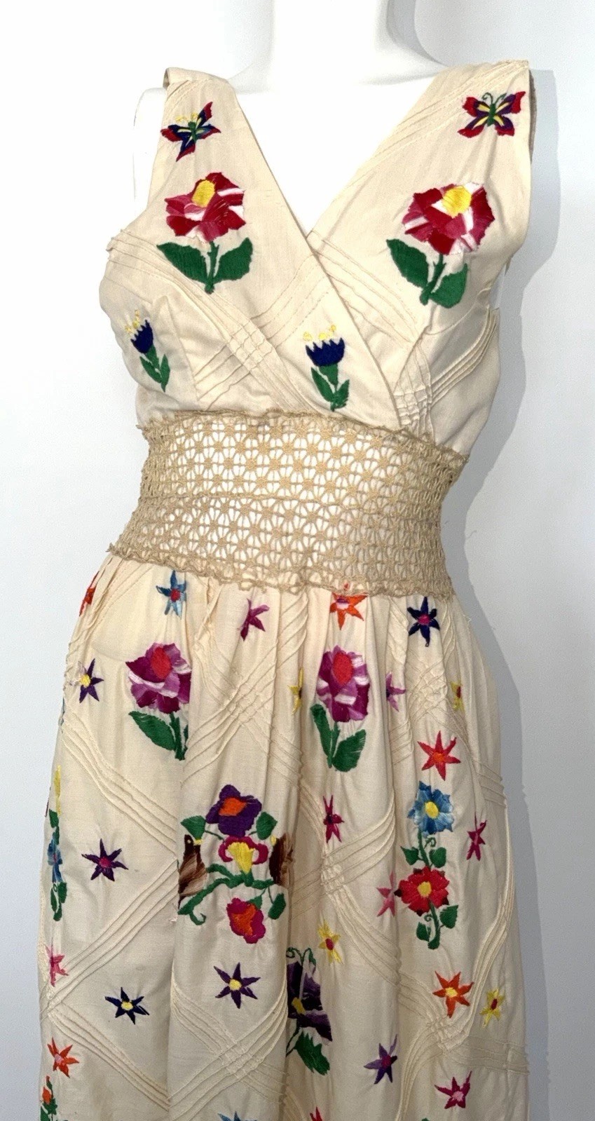 Vintage 1970s Mexican Embroidered Festival Cream Prairie Crochet DRESS