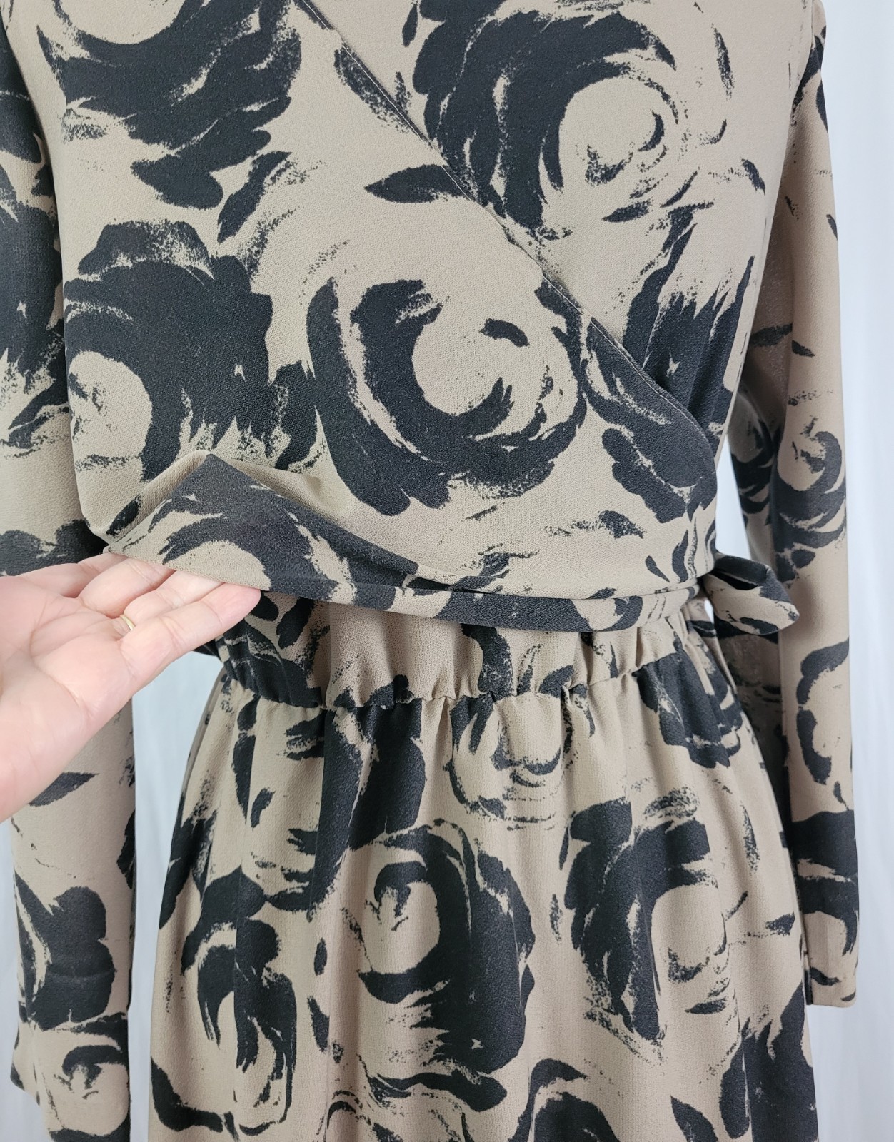 Vintage Marti Petite Brown & Black Blouson Dress w Overlay Wrap Size 16