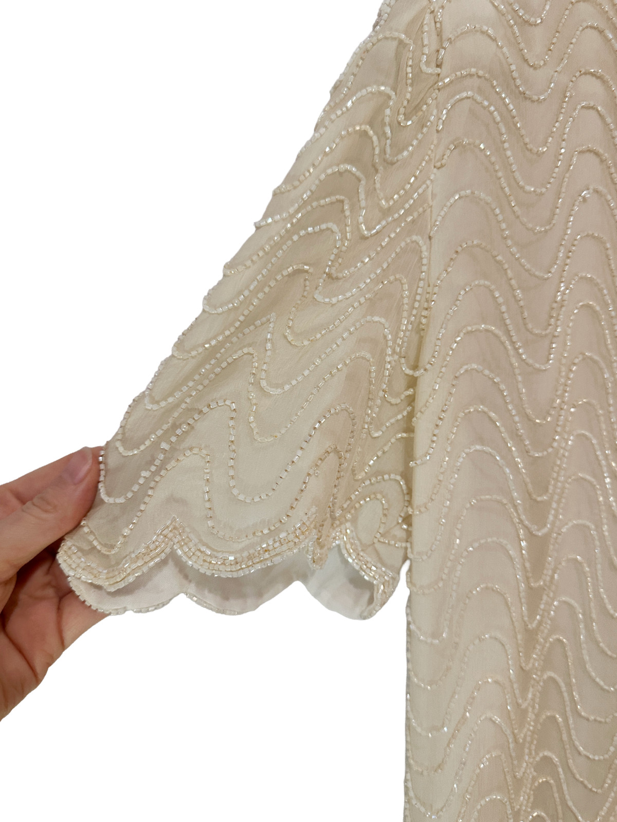 Vintage Scala 100% Silk Beaded Wave Top Cream Evening Cocktail Blouse Medium