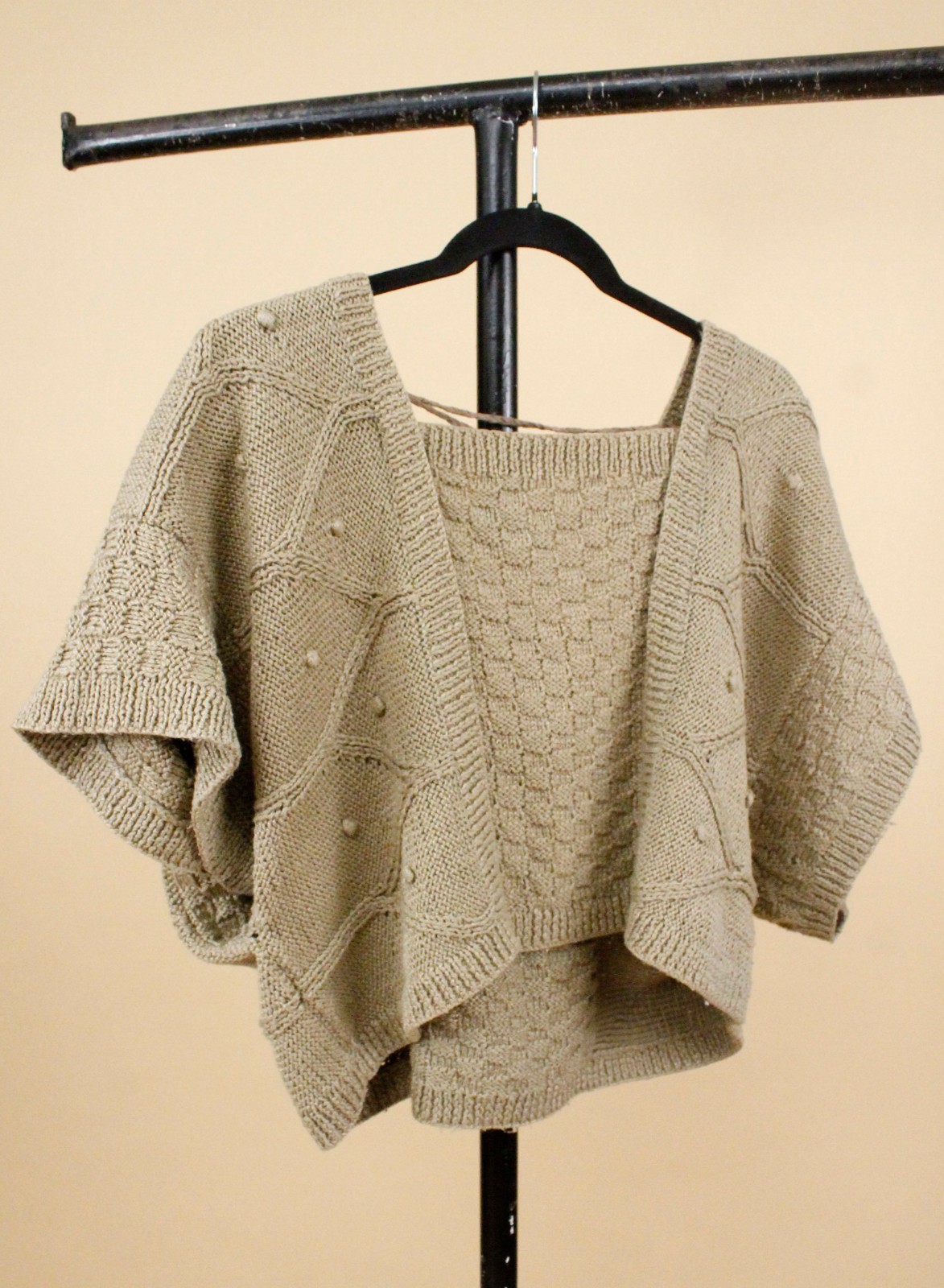 80s Vtg Jeanne Marc Olive Green Knit Cotton & Woven Leather Crop Sweater tag S-L