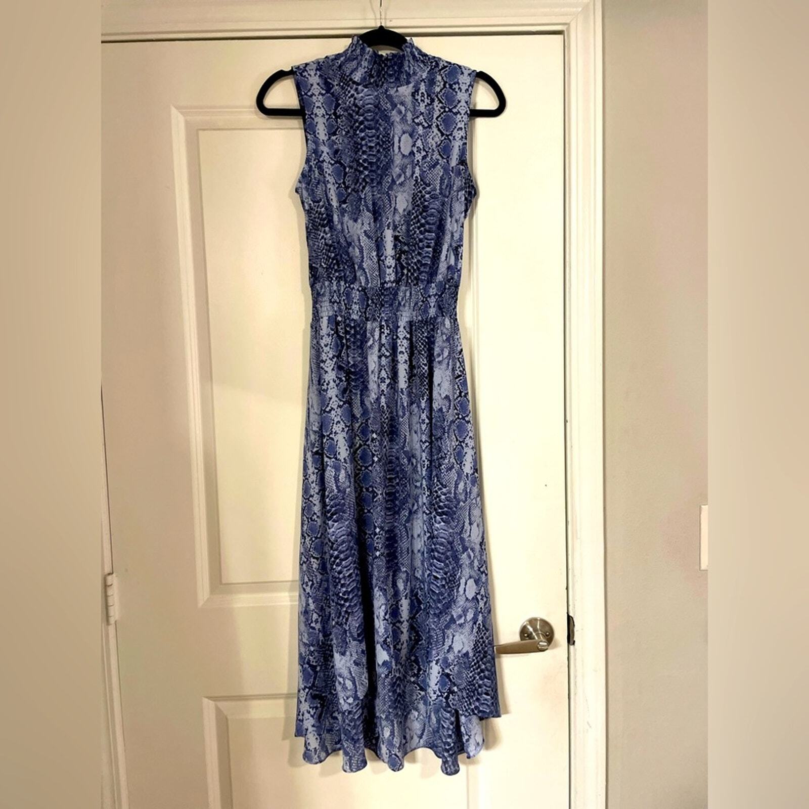 NANETTE LEPORE Blue Snakeskin Print High-Low Sleeveless Smocked Midi Dress Size