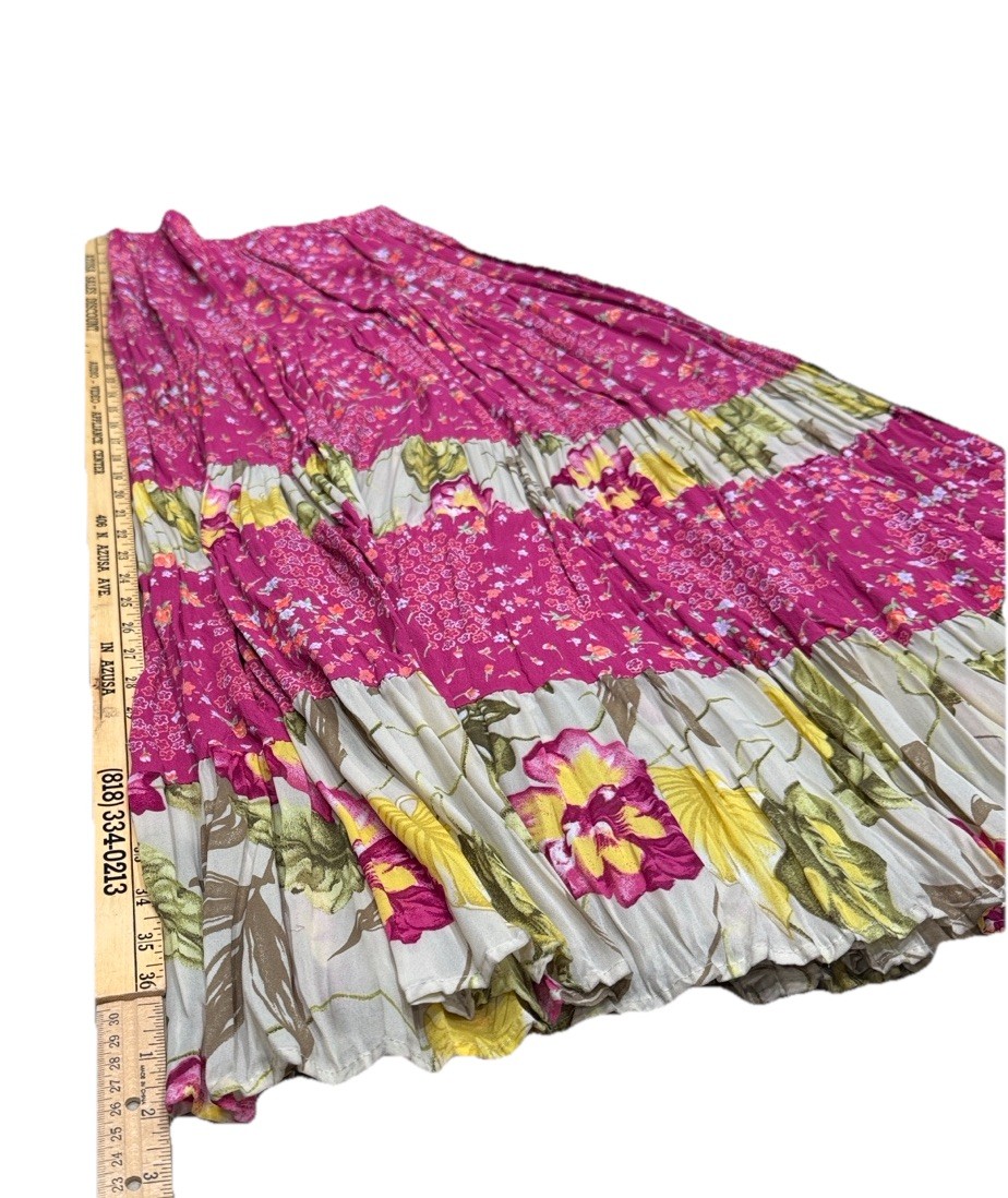Vtg MyBoyfriendsBack Santa Monica,CA, Floral Skirt.patch Work Pink Ruffles SzM