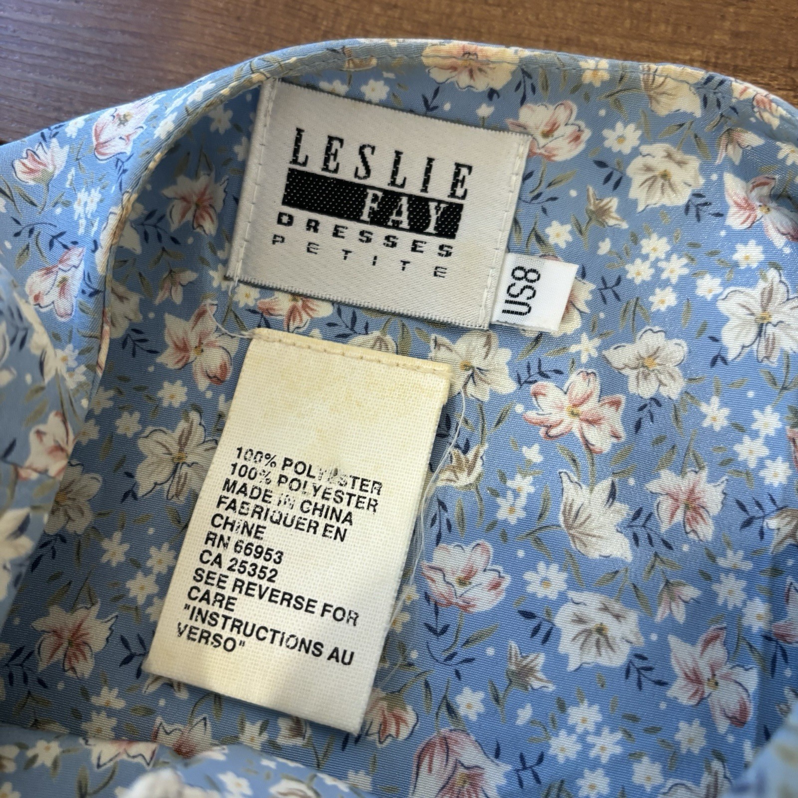 Vintage Leslie Fay Petite 8 Floral Midi Dress Blue Pleated Short Sleeve 80s 90s