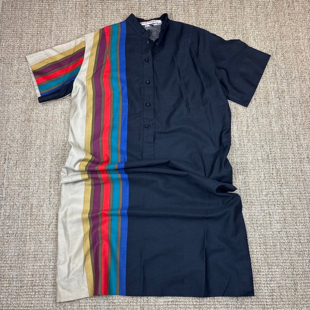 Katherine Ogust Penthouse Gallery Vintage Color Block Stripe Dress Black 70s