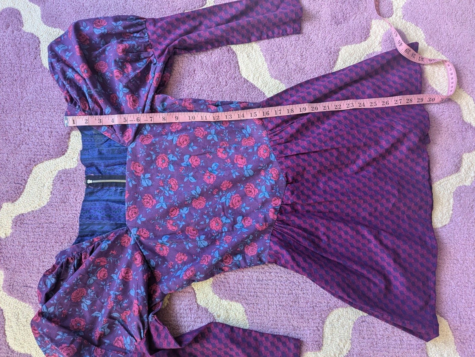 Vintage 70’s 80’s Purple Pink Puff Juliet Sleeves Floral Mini Dress Size Small