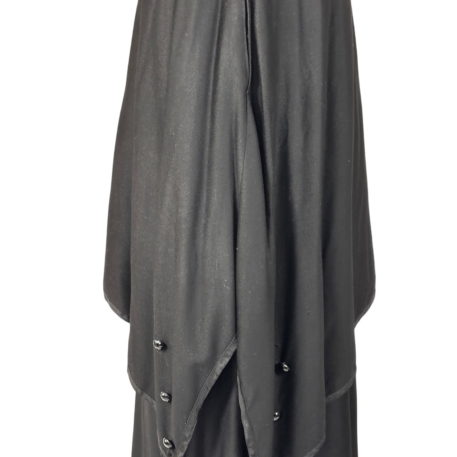 Antique Edwardian Black Wool Mourning Walking Skirt Jet Beads Tassels Tiered