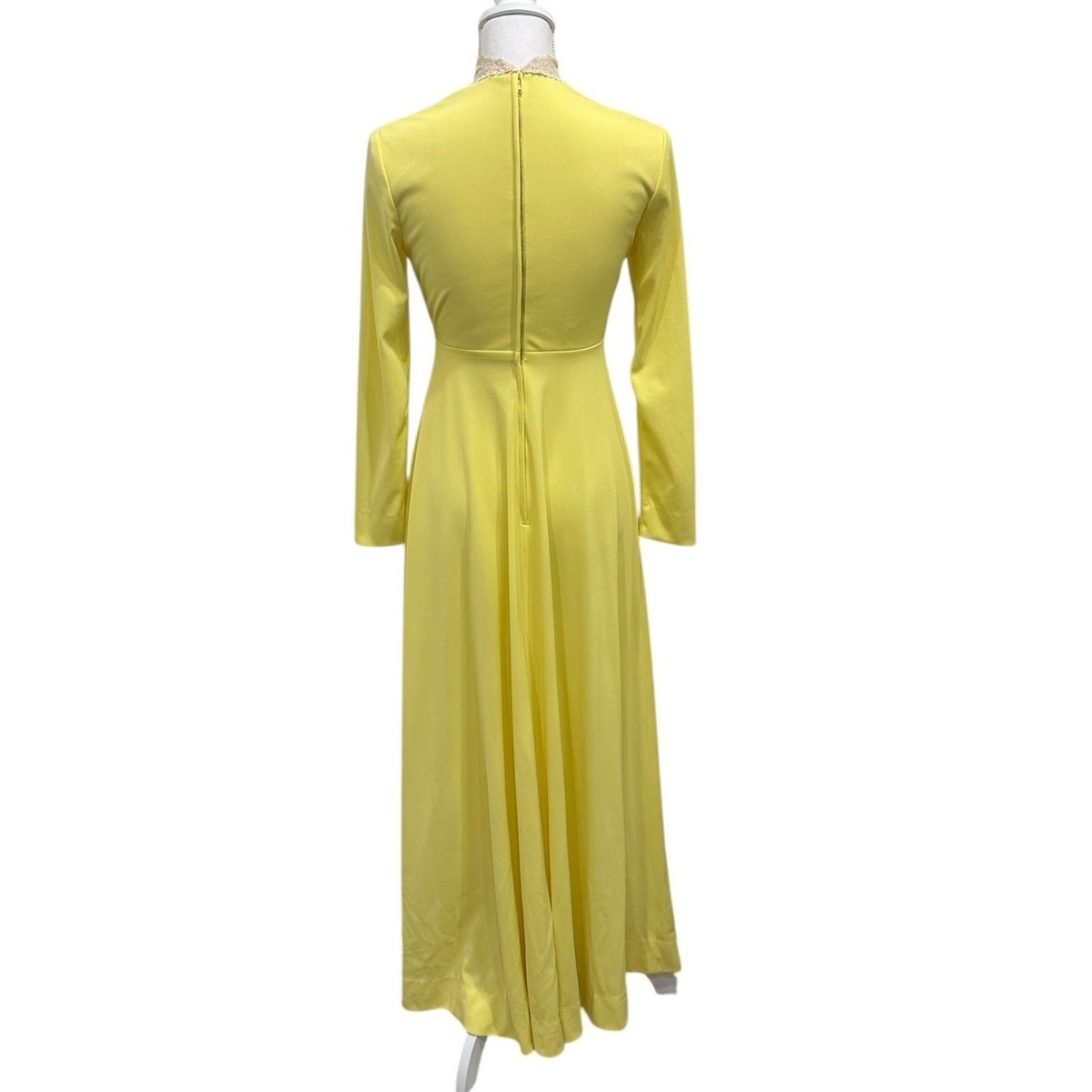 Vintage 1970s Victorian Edwardian Revival Yellow Lace Neck Maxi Dress Costume XS